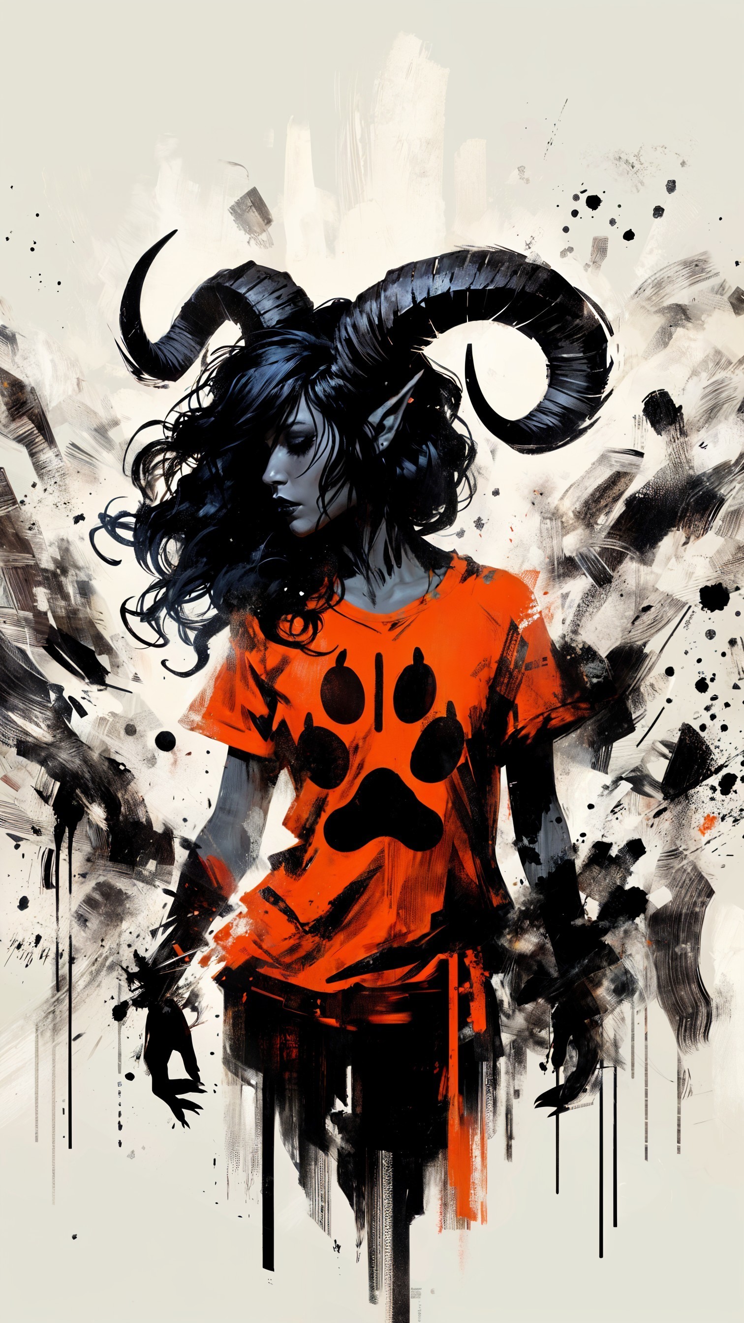 Mystical Figure in Orange Shirt with Black Design
