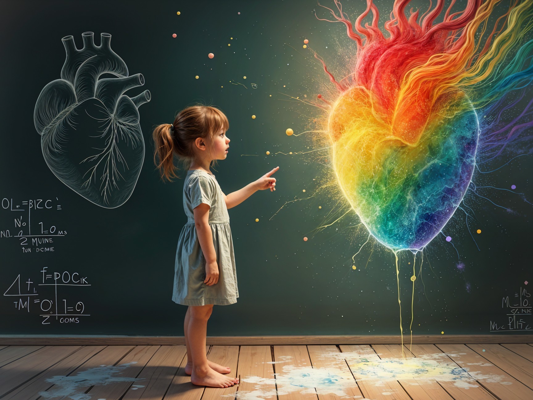 Young girl points at colorful heart on chalkboard