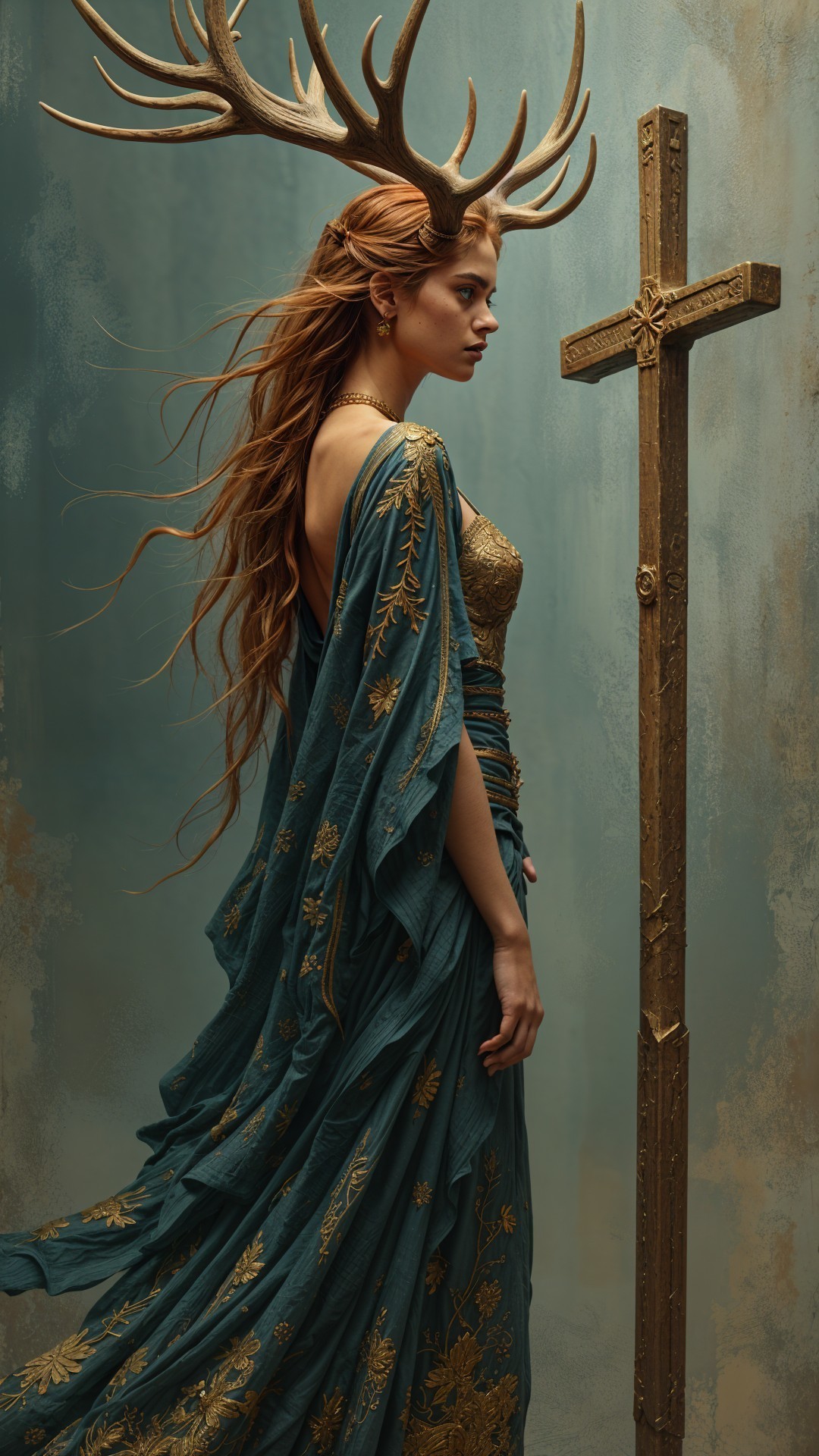 Woman with Antlers in Teal Gown and Cross