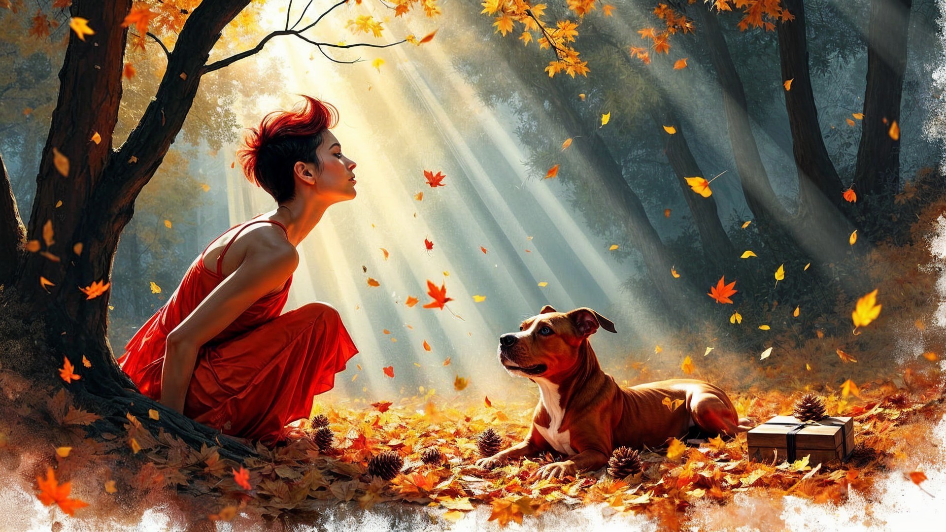 Woman in Red Dress with Dog in Autumn Forest