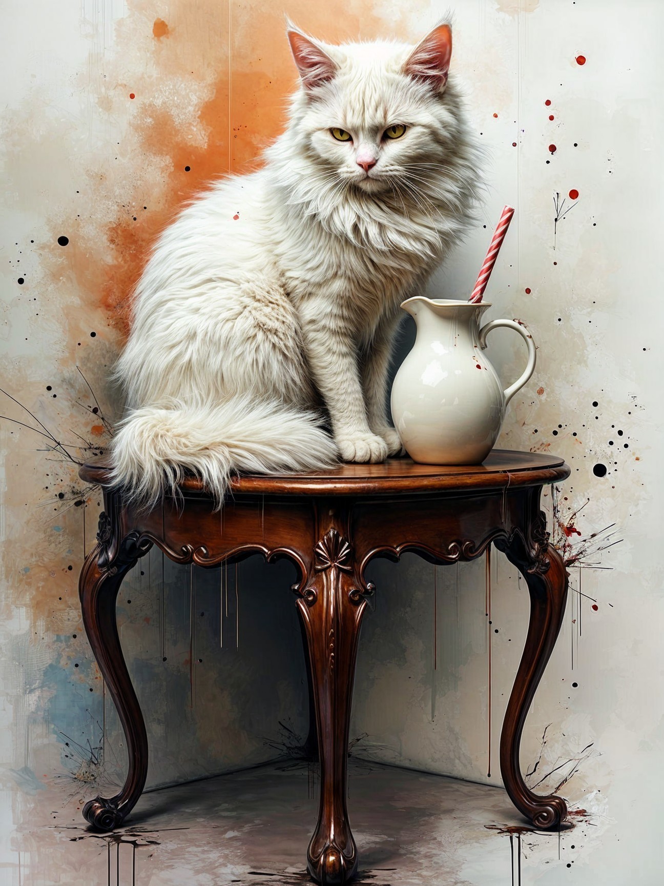 Elegant White Cat on Vintage Table with Pitcher