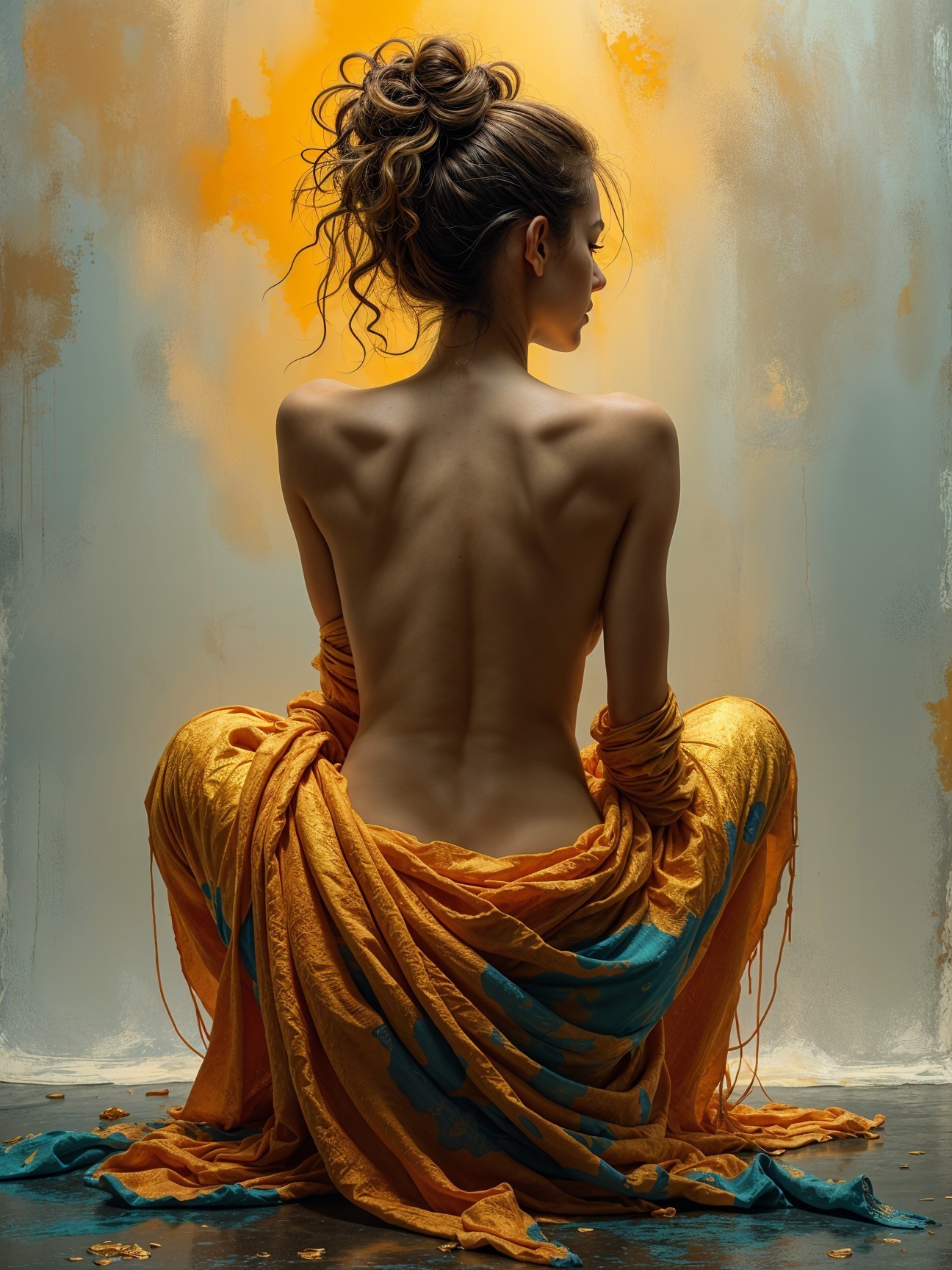 Woman in flowing orange and turquoise fabric, back view