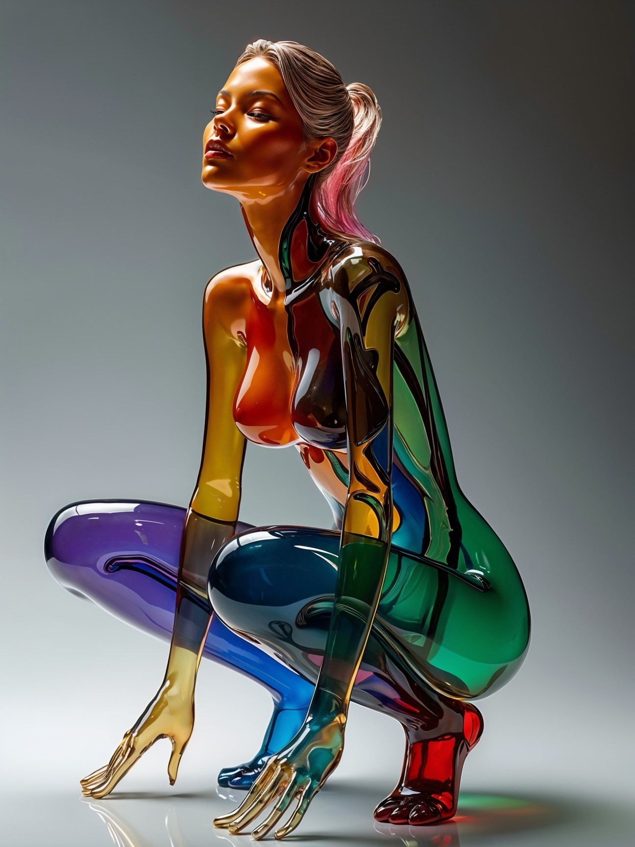 Vibrant Crouching Figure in Glossy Multi-Colored Bodysuit