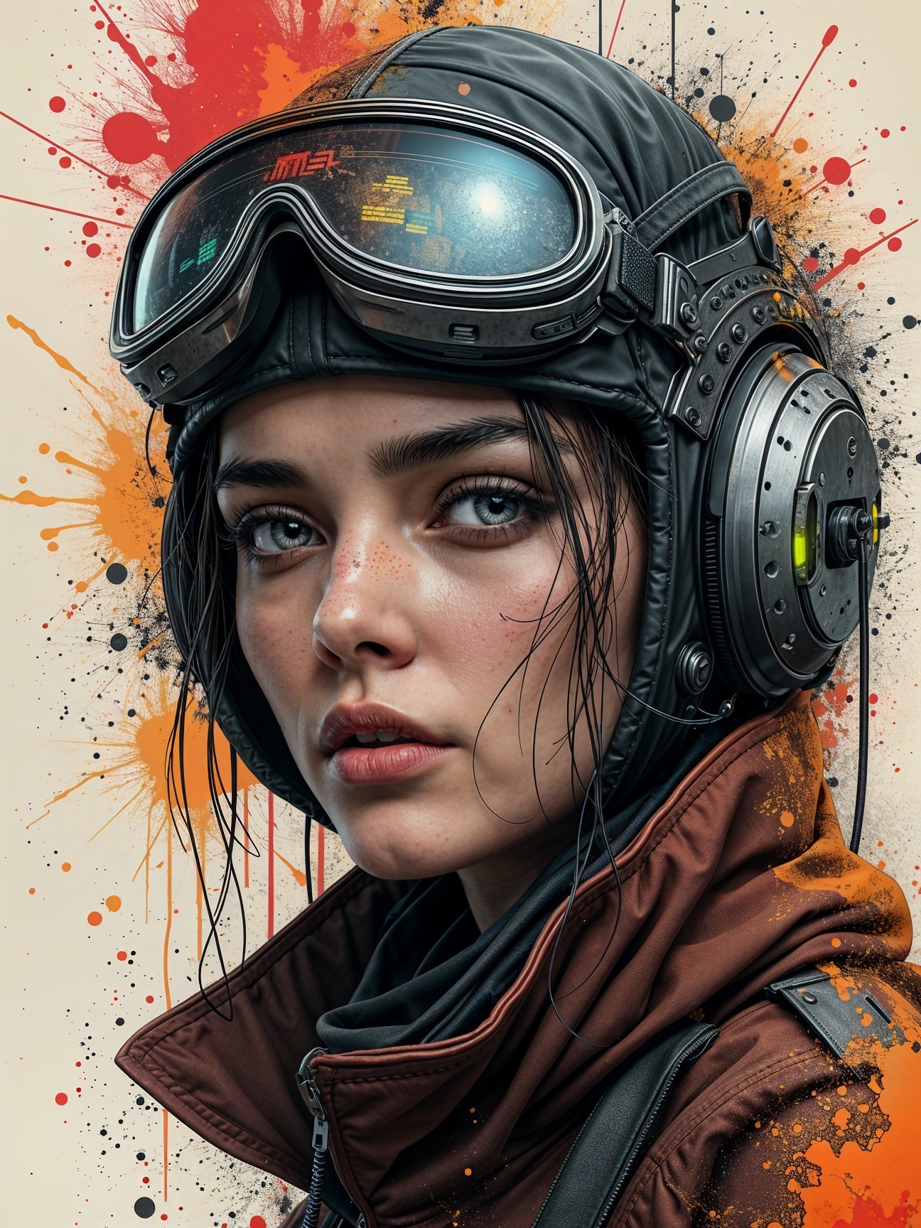 Close-up of a woman in a futuristic helmet and jacket