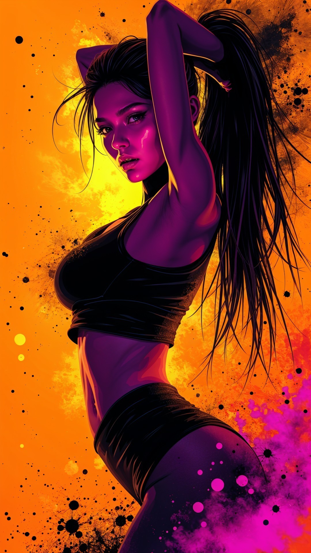 Stylized Female Figure in Black with Vibrant Background