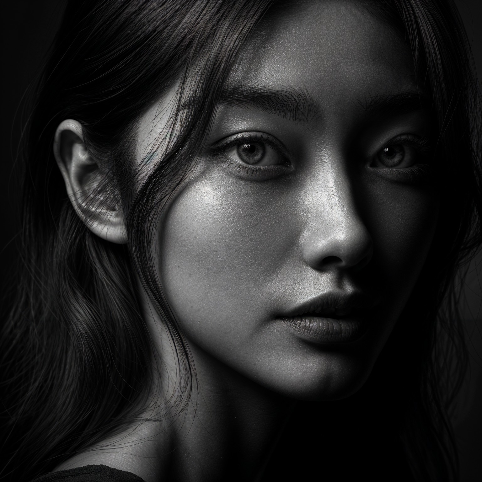 Black-and-white portrait of a young woman’s profile