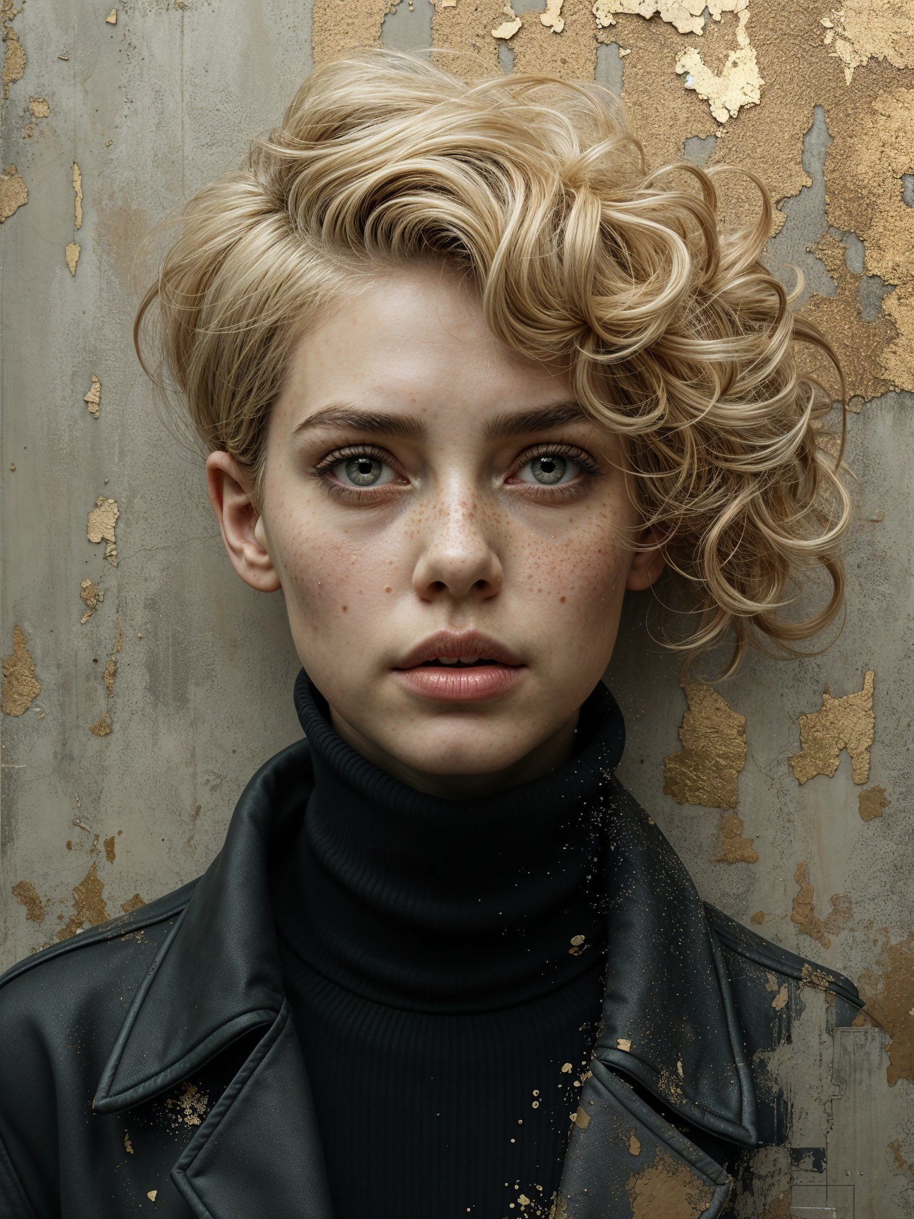 Young woman in elegant black outfit with artistic backdrop