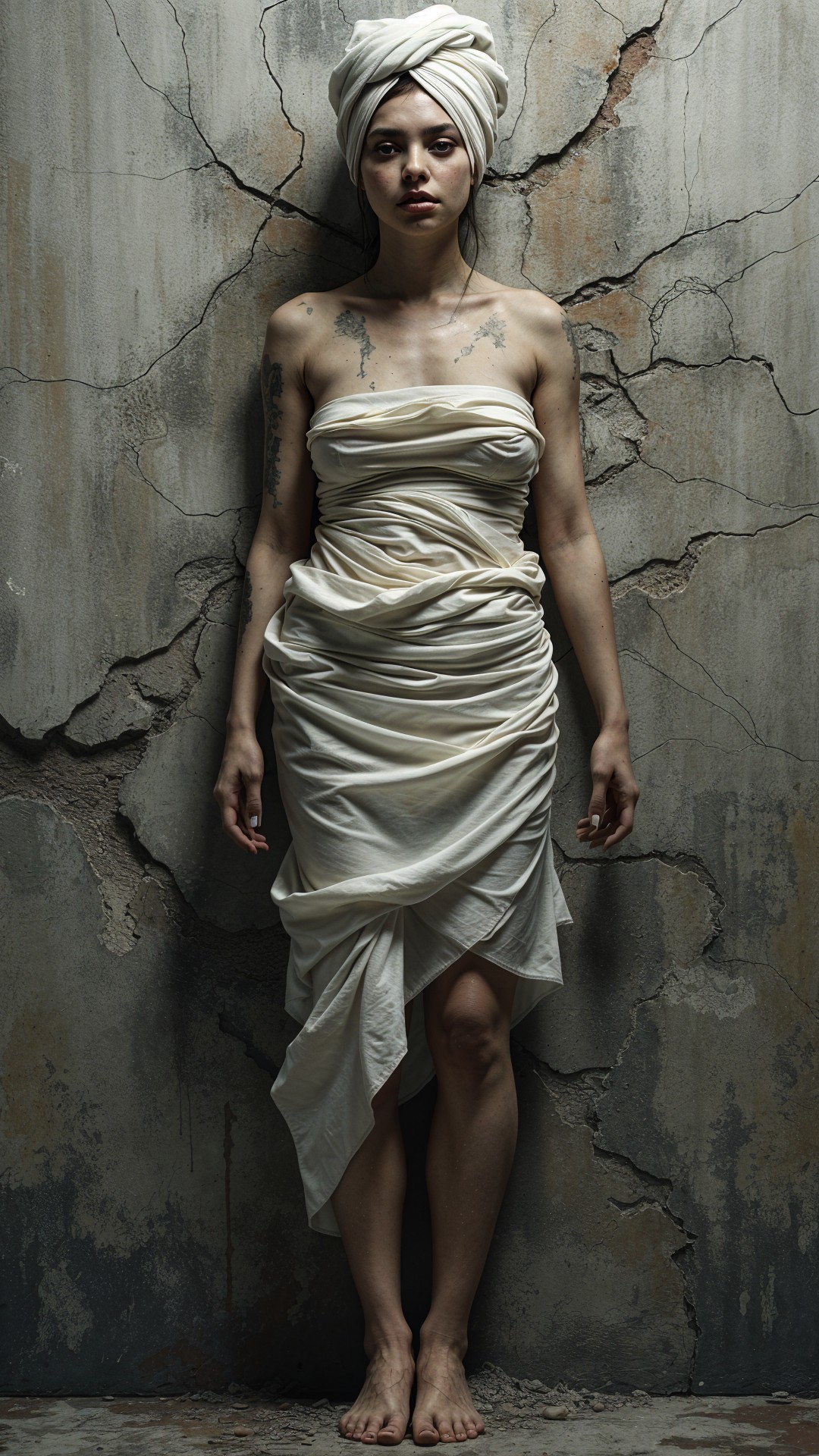 Young woman in white dress against cracked wall