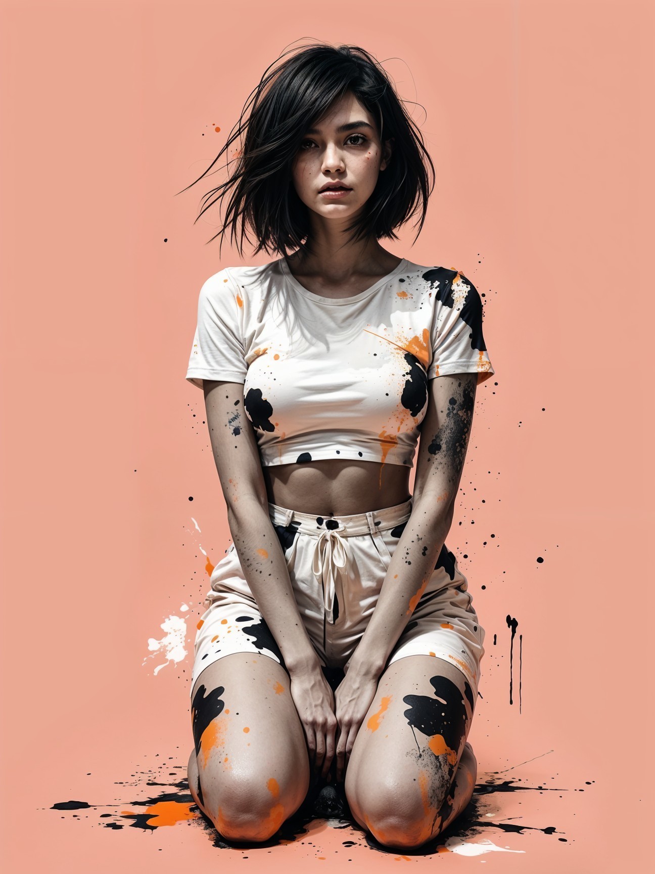 Young Woman in Cream Outfit Against Orange Background