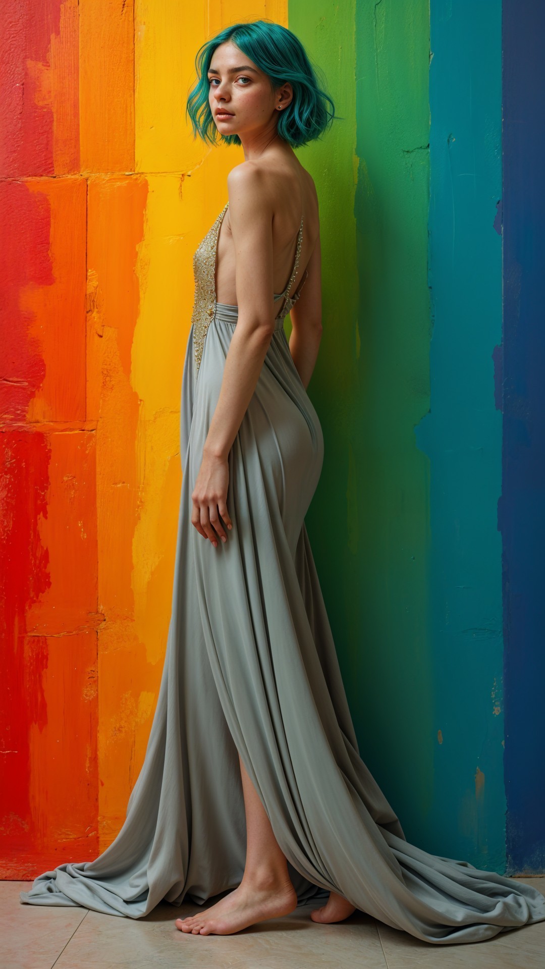 Model in Grey Gown Against Rainbow Wall Background