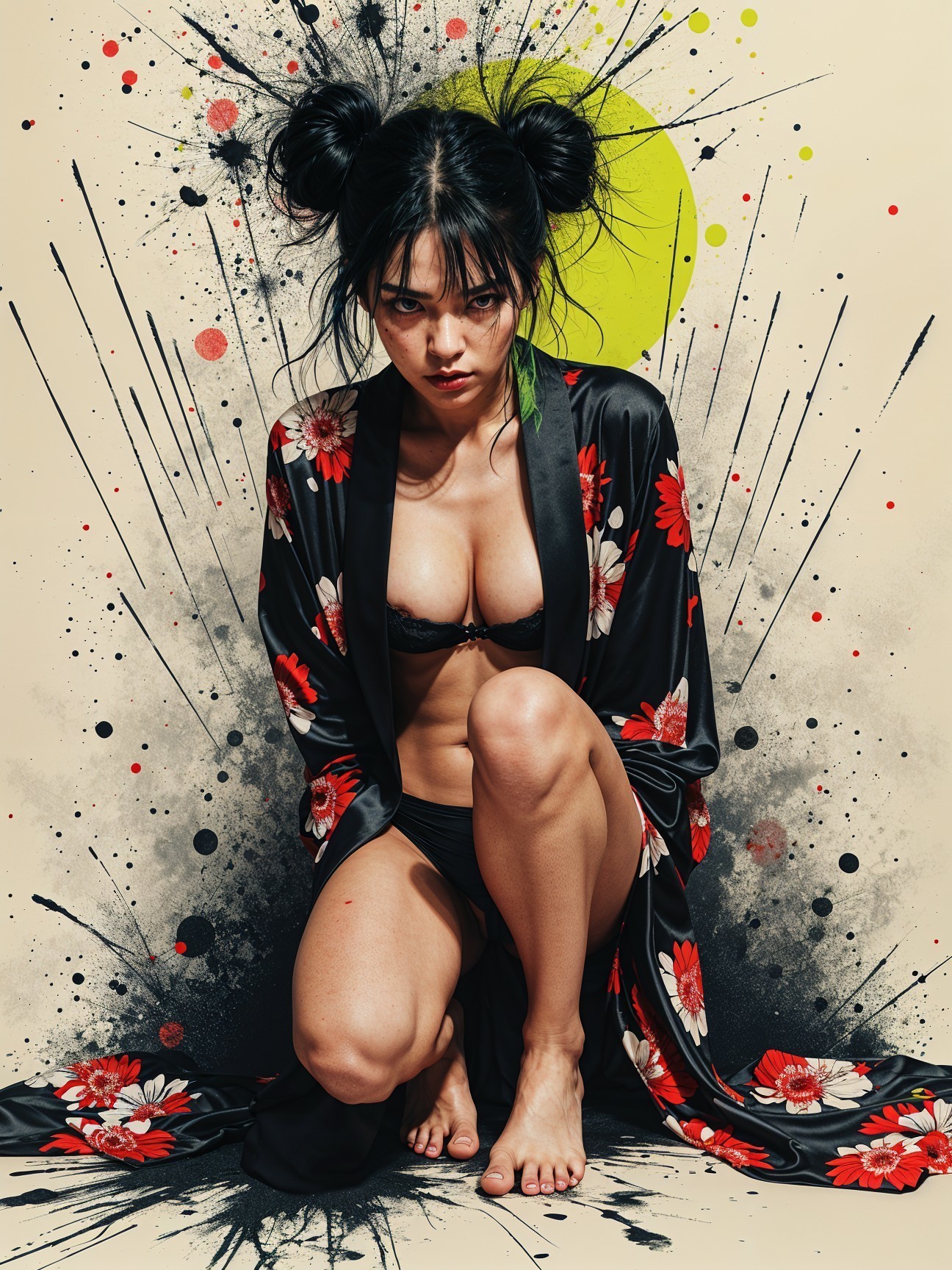 Confident Woman in Floral Robe with Abstract Background