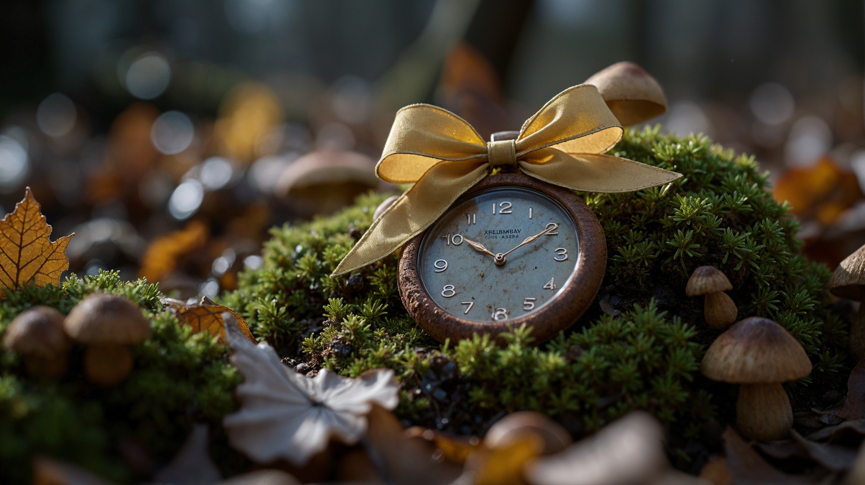 Vintage clock in moss with autumn leaves and mushrooms