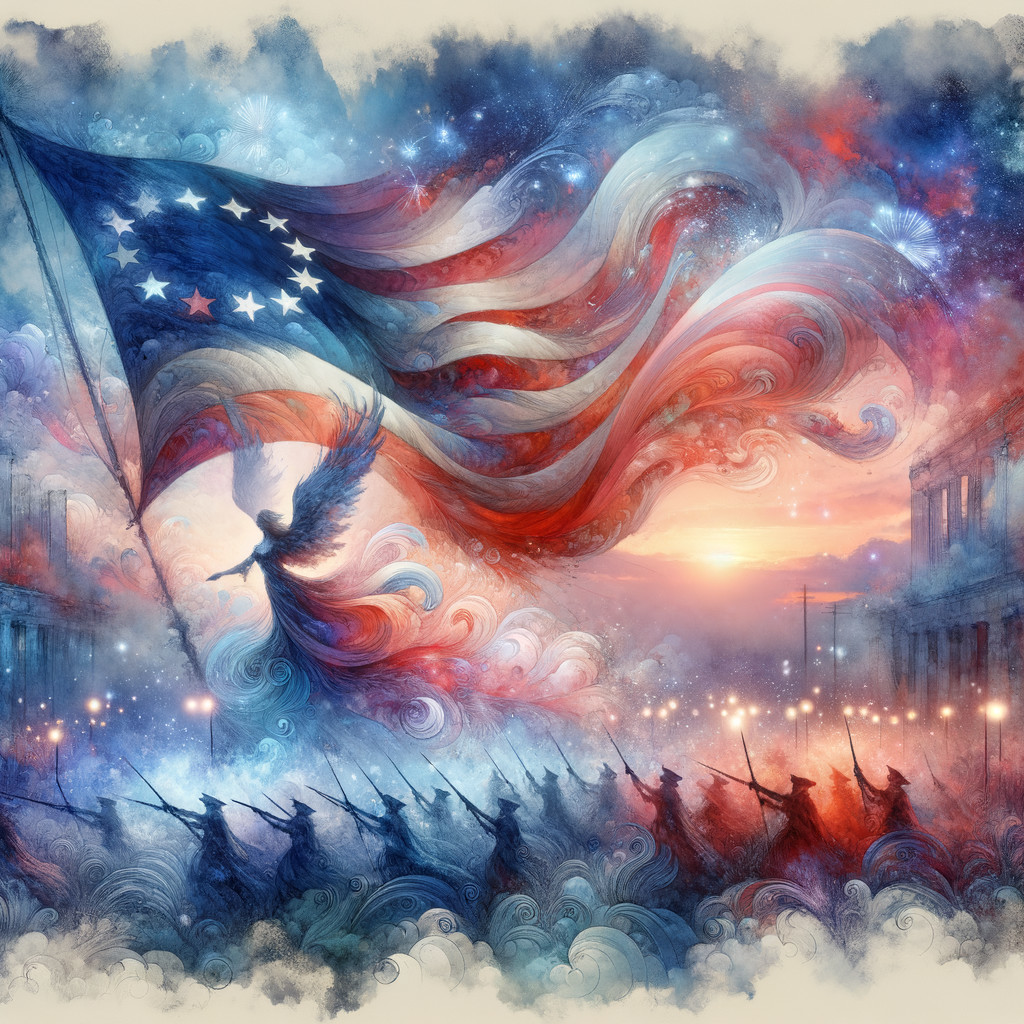 Surreal Phoenix Figure with American Flag and Soldiers