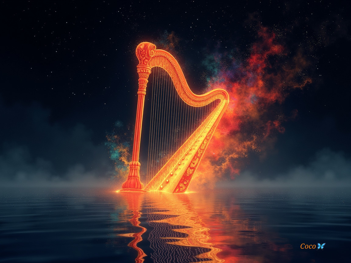 Ethereal harp in serene water under starry sky