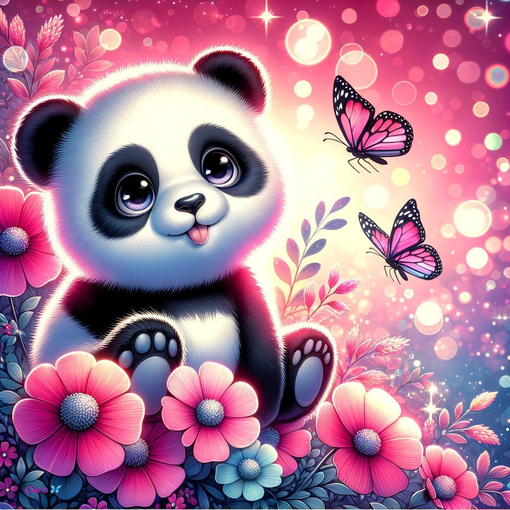 Cartoon Panda Surrounded by Colorful Flowers and Butterflies