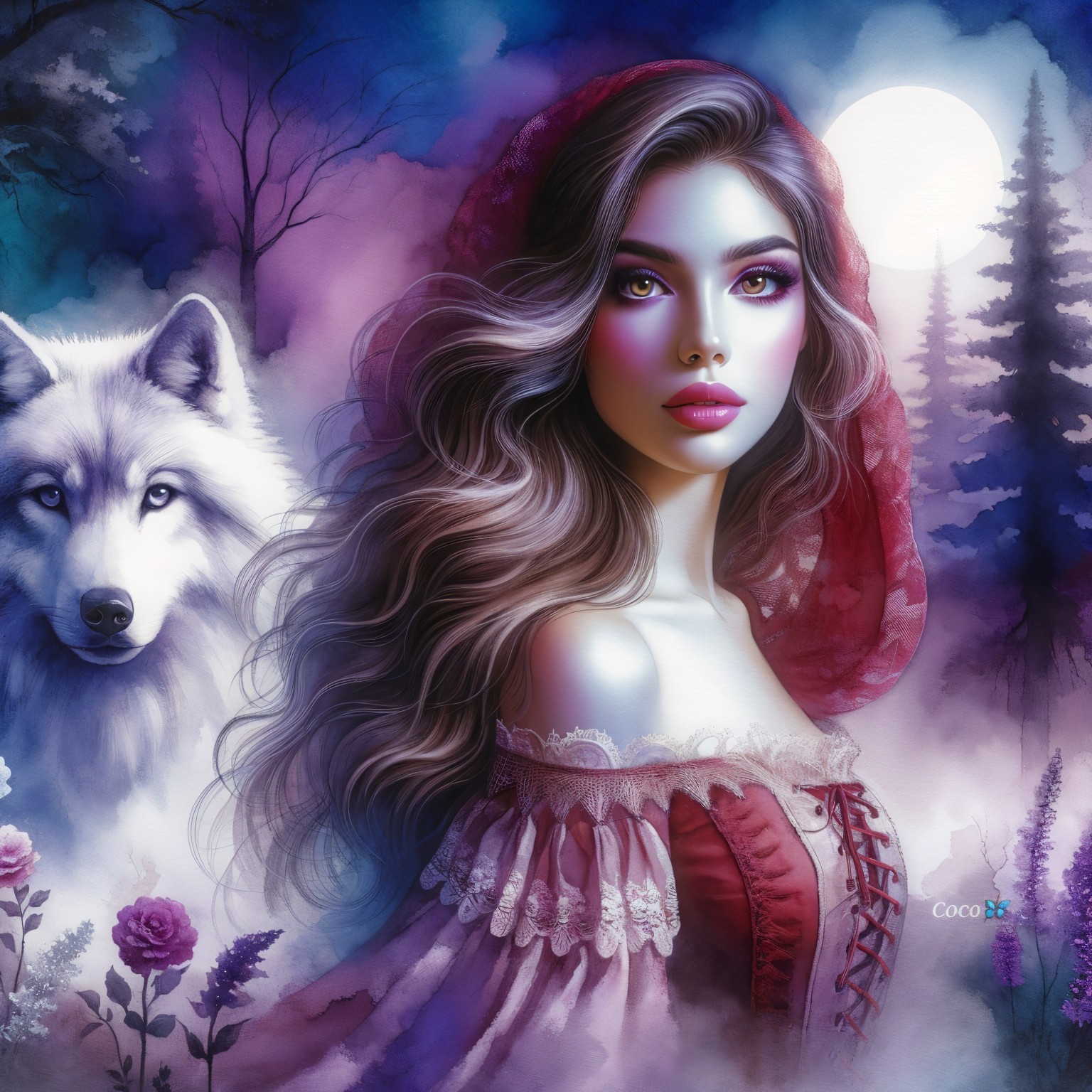 Mysterious Woman in Red Cloak with White Wolf