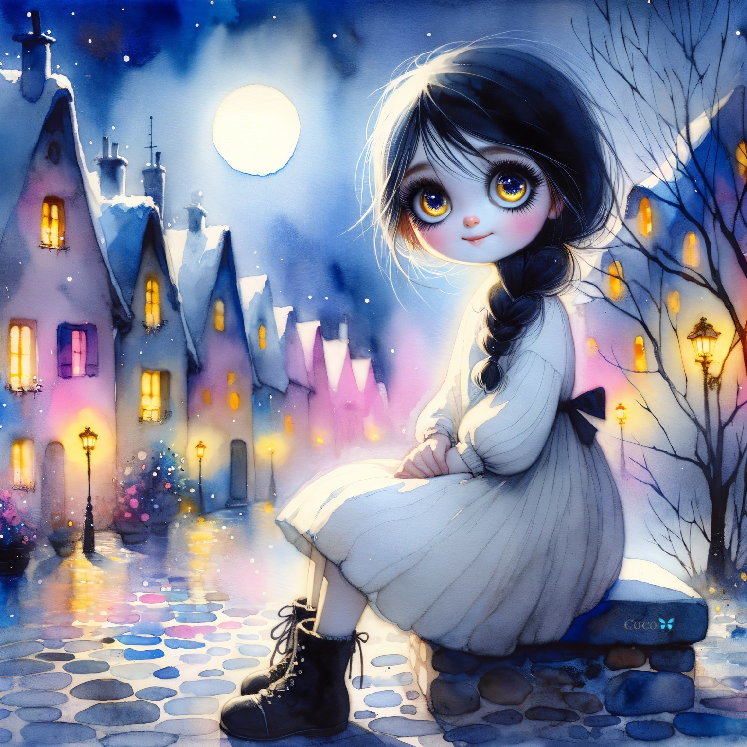 Whimsical Winter Scene of Girl in Snowy Town