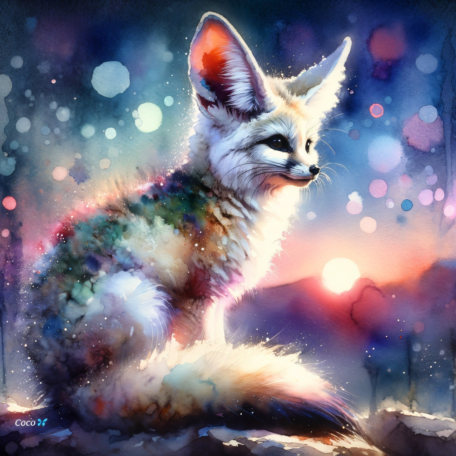 Watercolor Painting of a Fluffy Fennec Fox