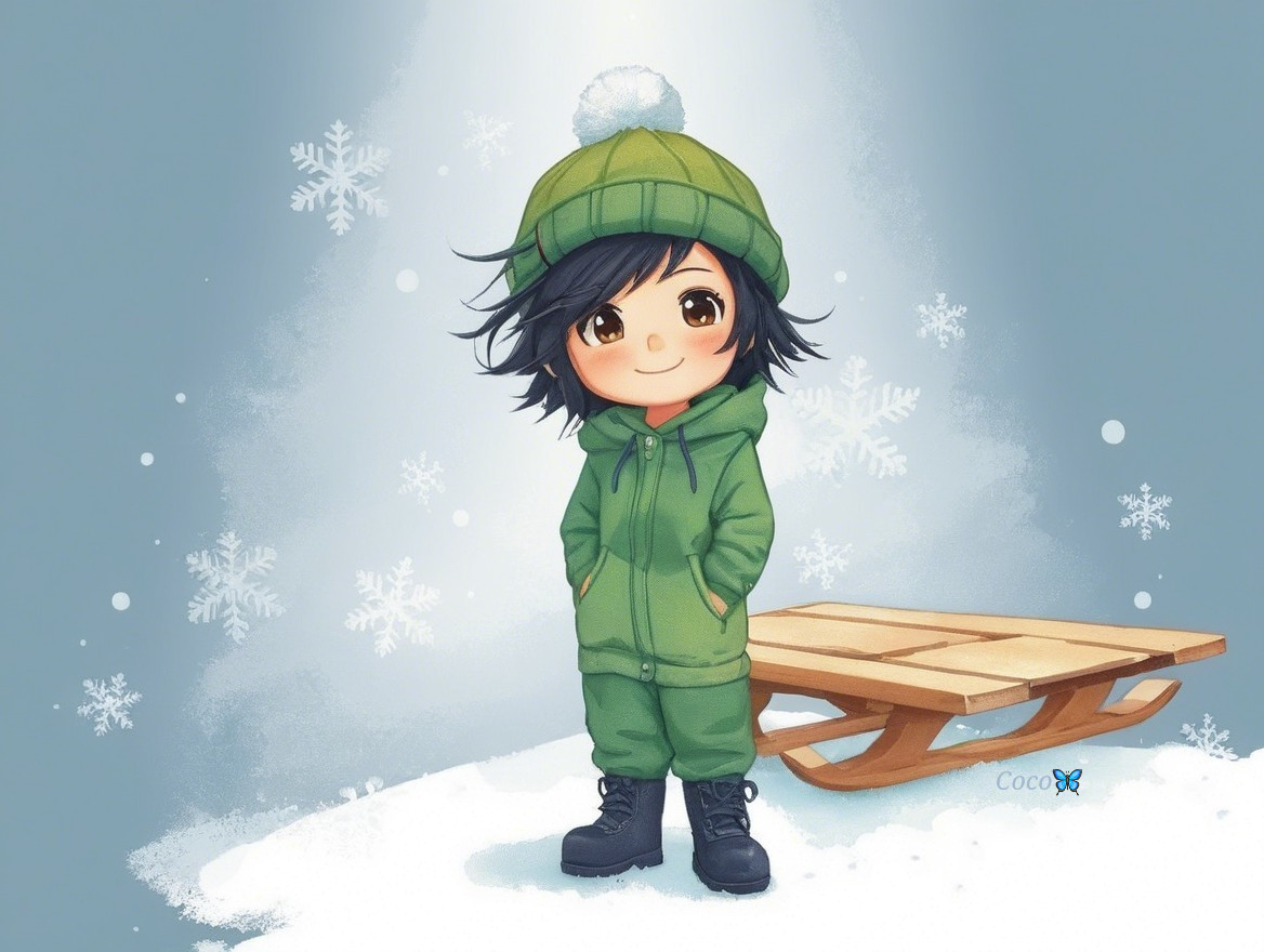 Cute character in green winter outfit in snowy landscape