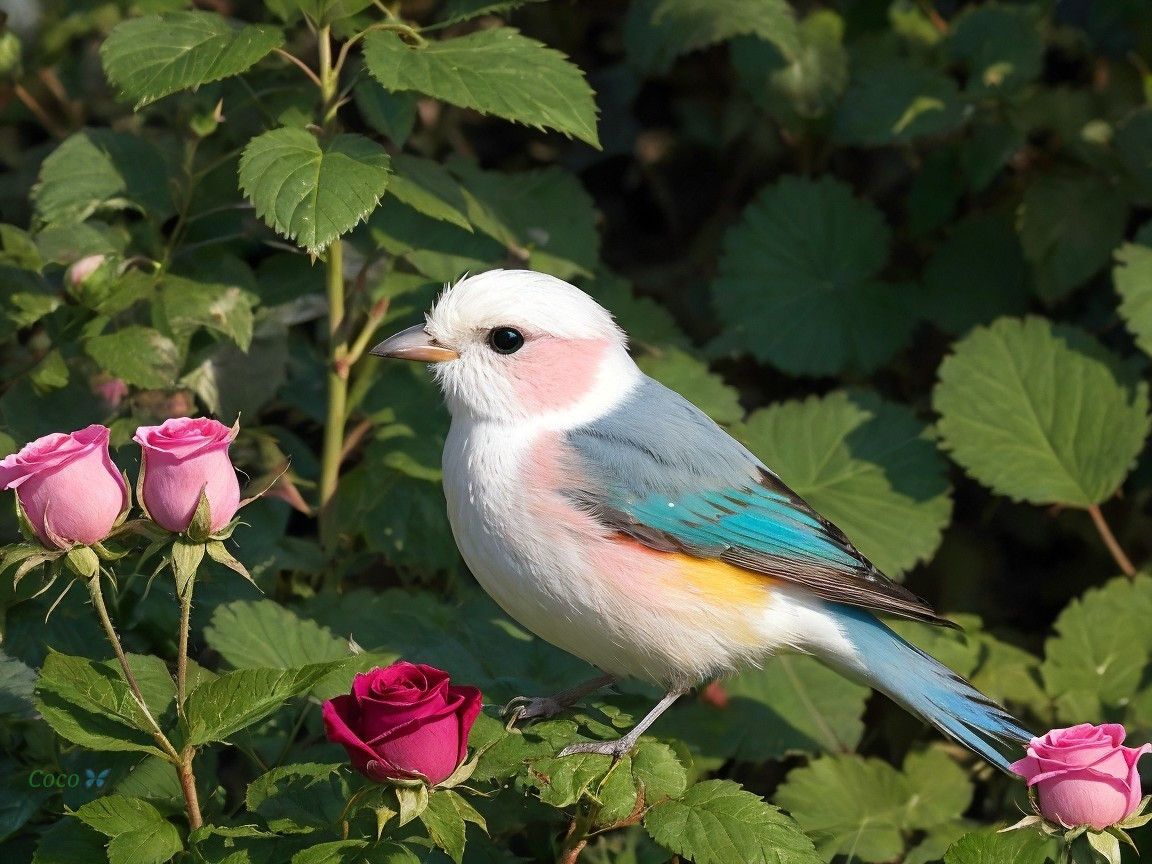 Vibrant Bird Among Pink Roses and Green Foliage