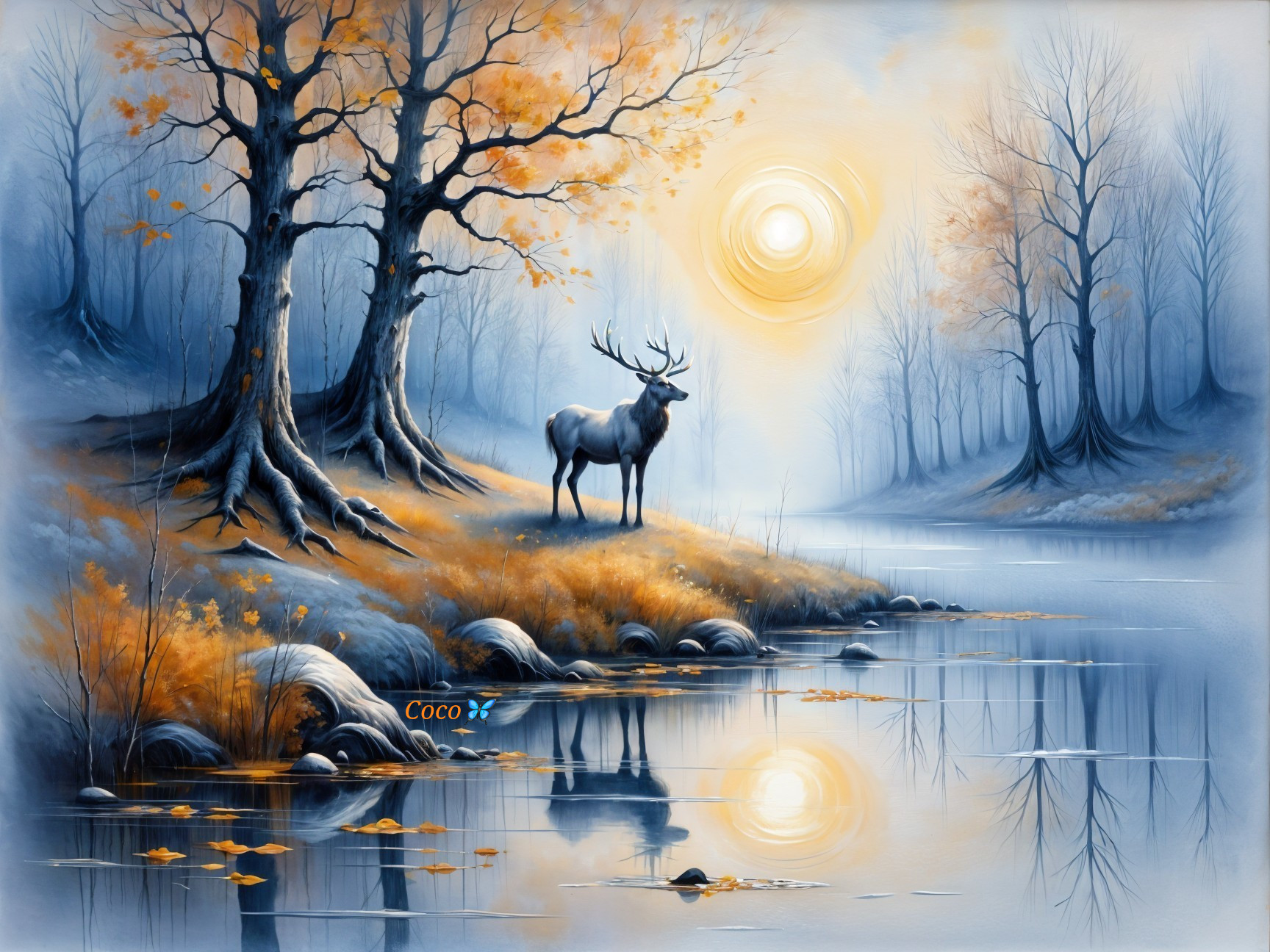 Misty Riverbank Landscape with Autumn Trees and Stag