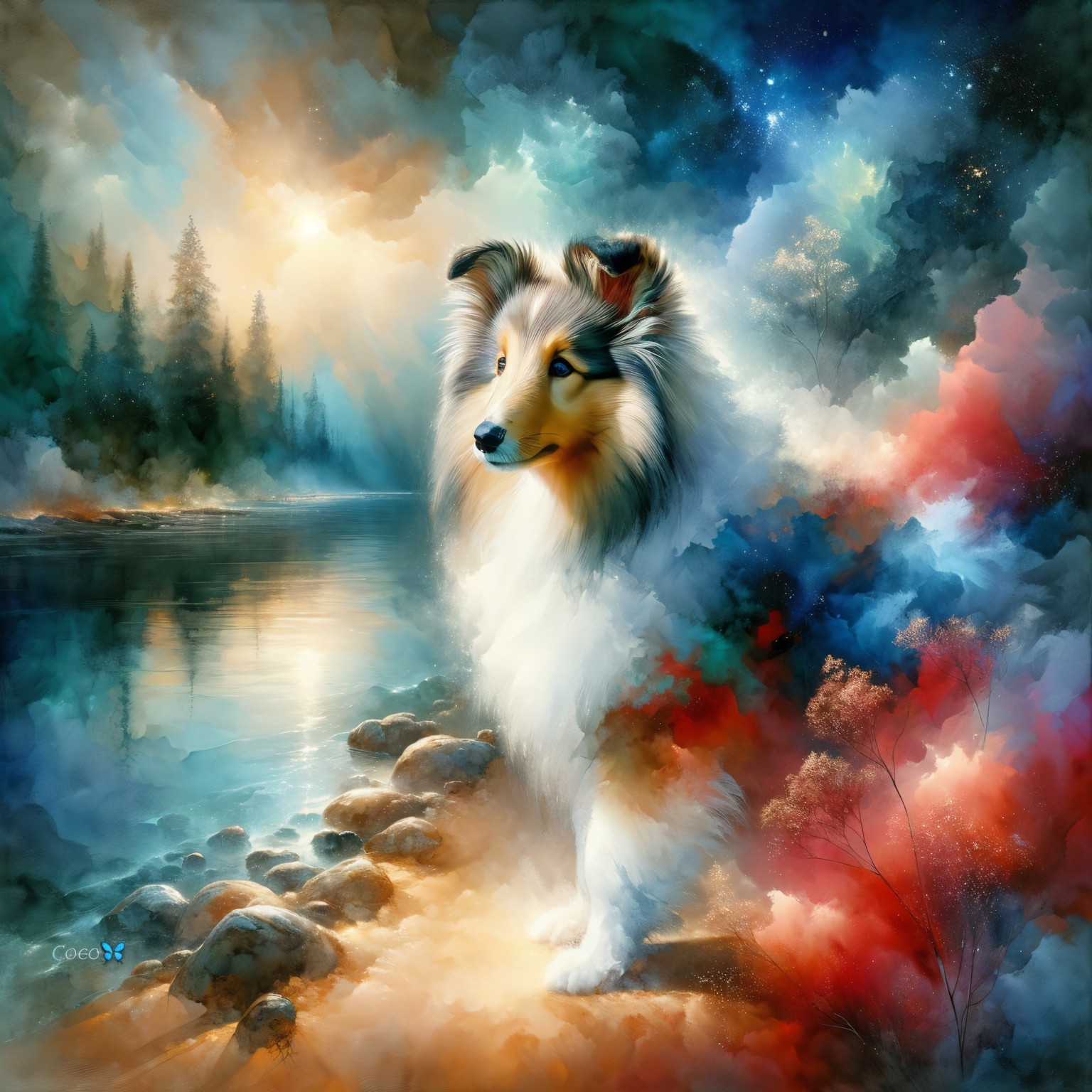 Ethereal Landscape with Shetland Sheepdog by Riverbank