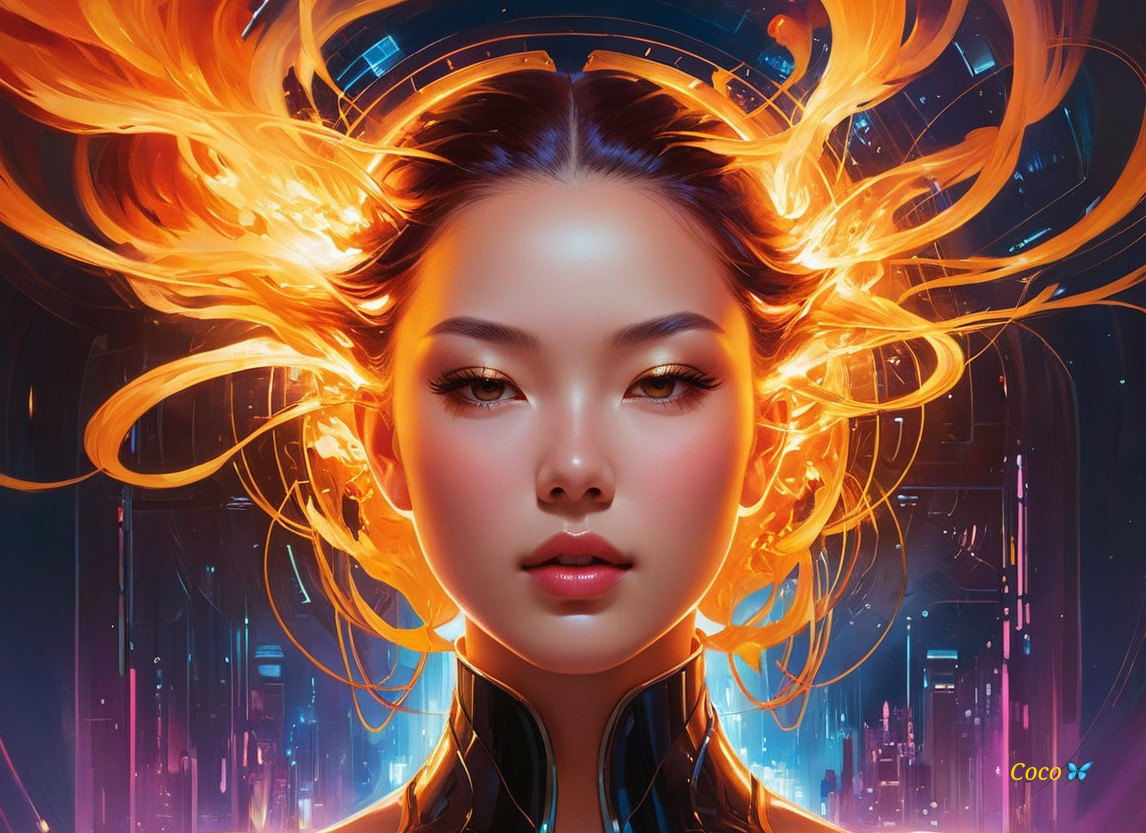 Digital Portrait of a Young Woman with Fiery Hair