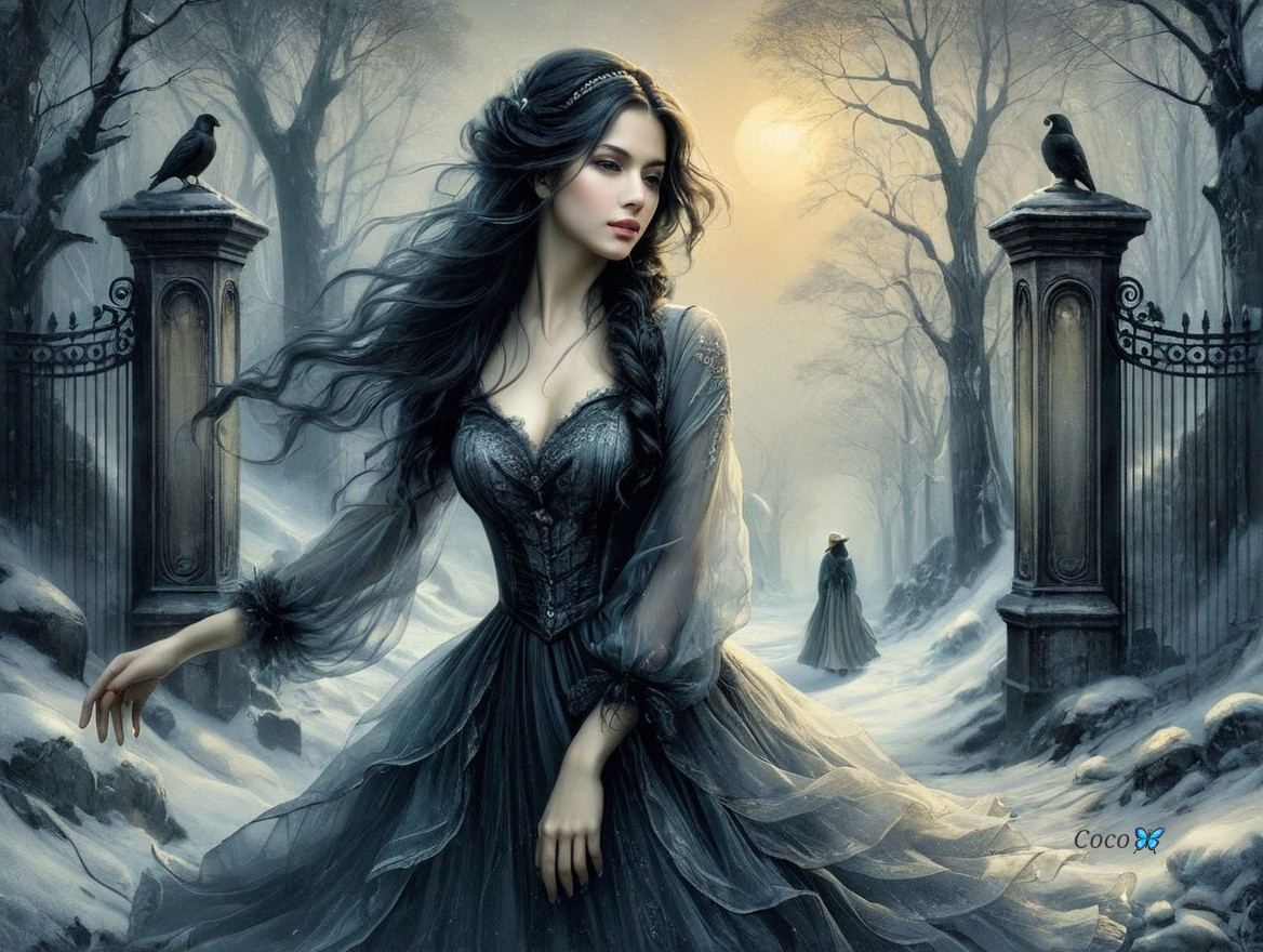 Mystical Moonlit Scene with Young Woman and Ravens