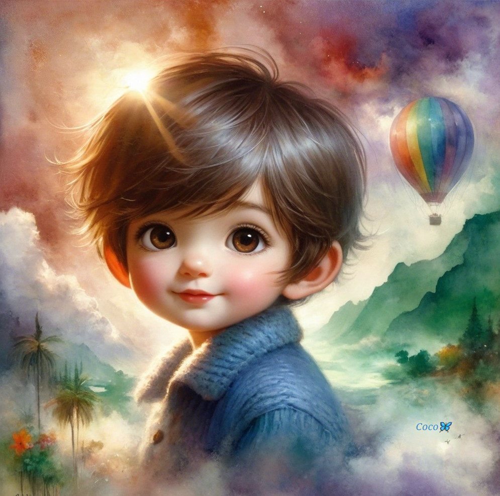 Child in Blue Sweater with Hot Air Balloon Background