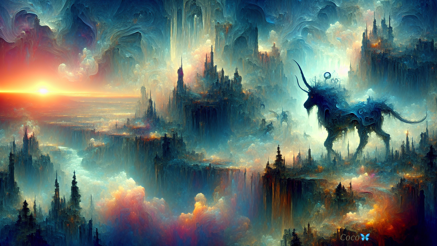 Mystical Landscape with Unicorn and Vibrant Colors