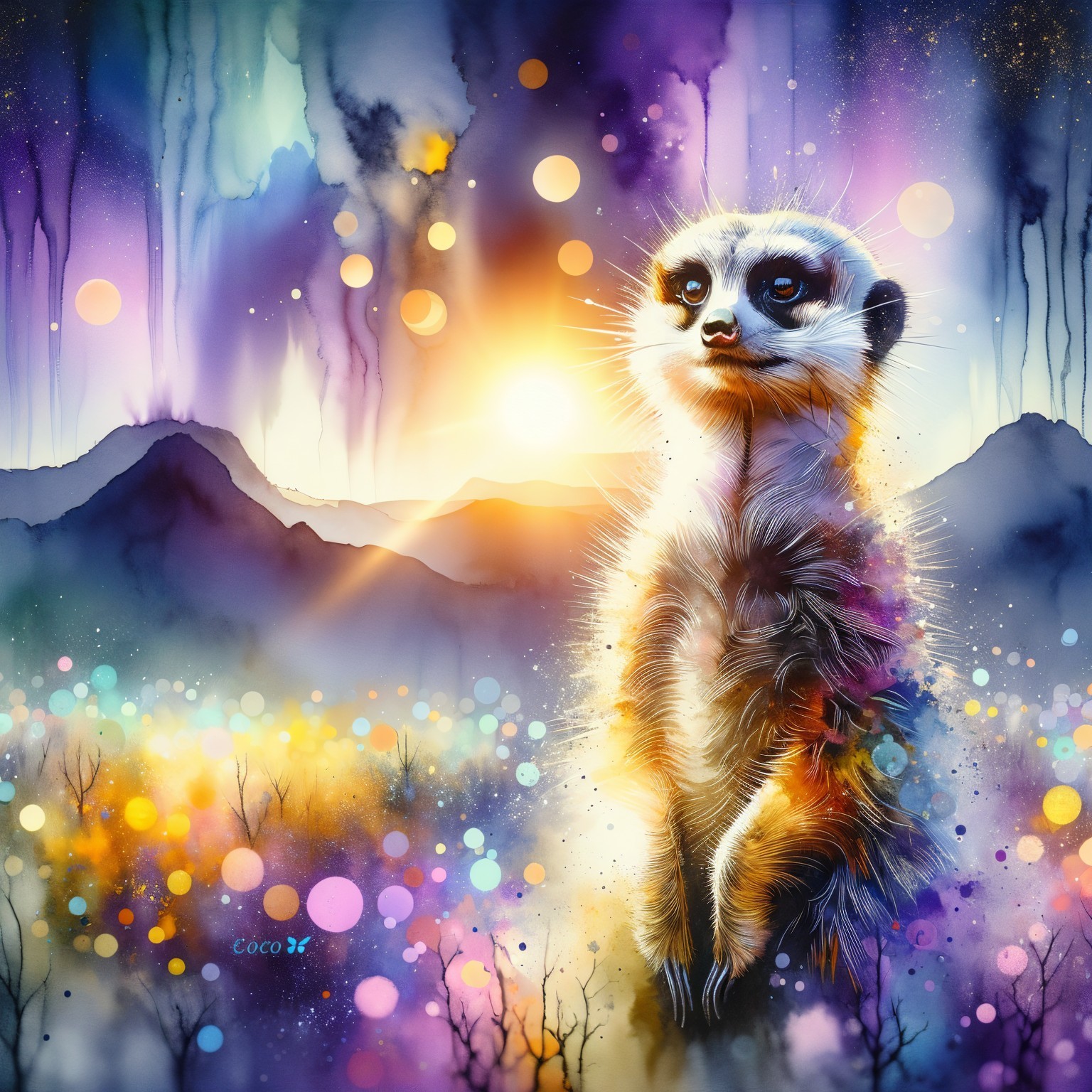 Whimsical meerkat against a colorful sunset backdrop