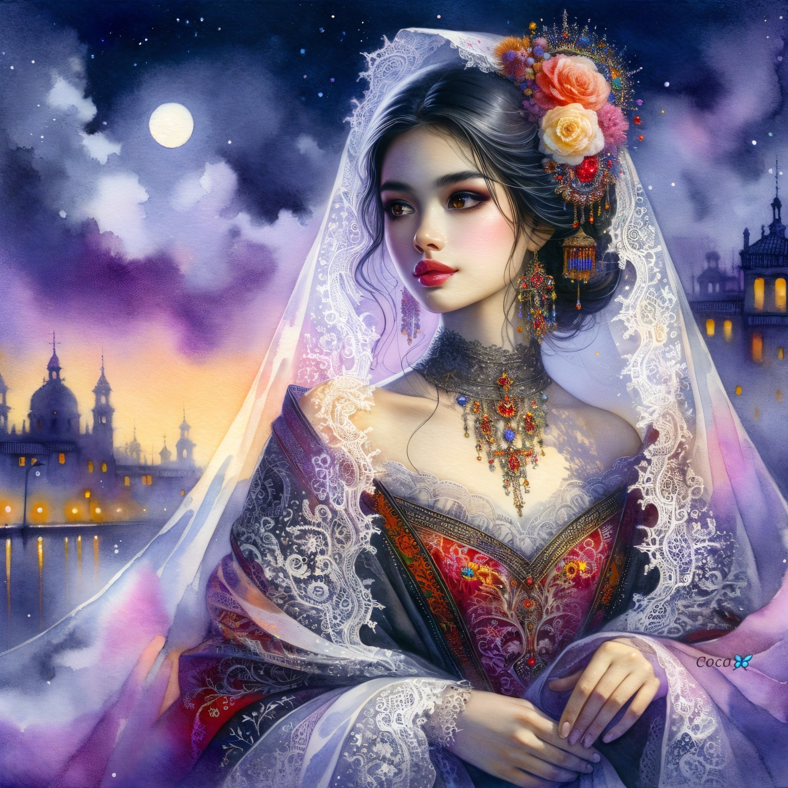 Elegant Woman in Detailed Gown Against Twilight Sky