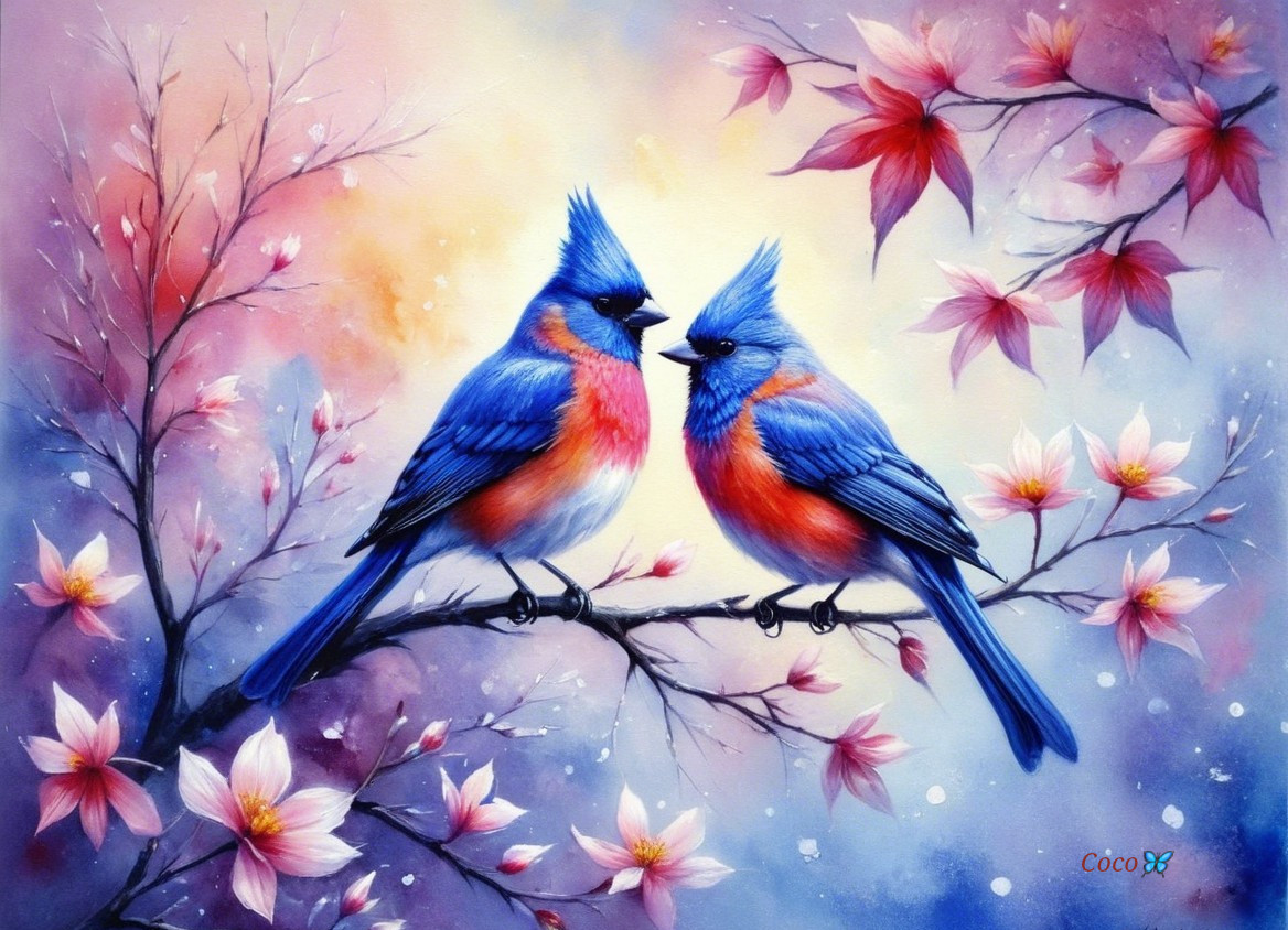 Blue and Orange Birds on Branch with Pink Flowers