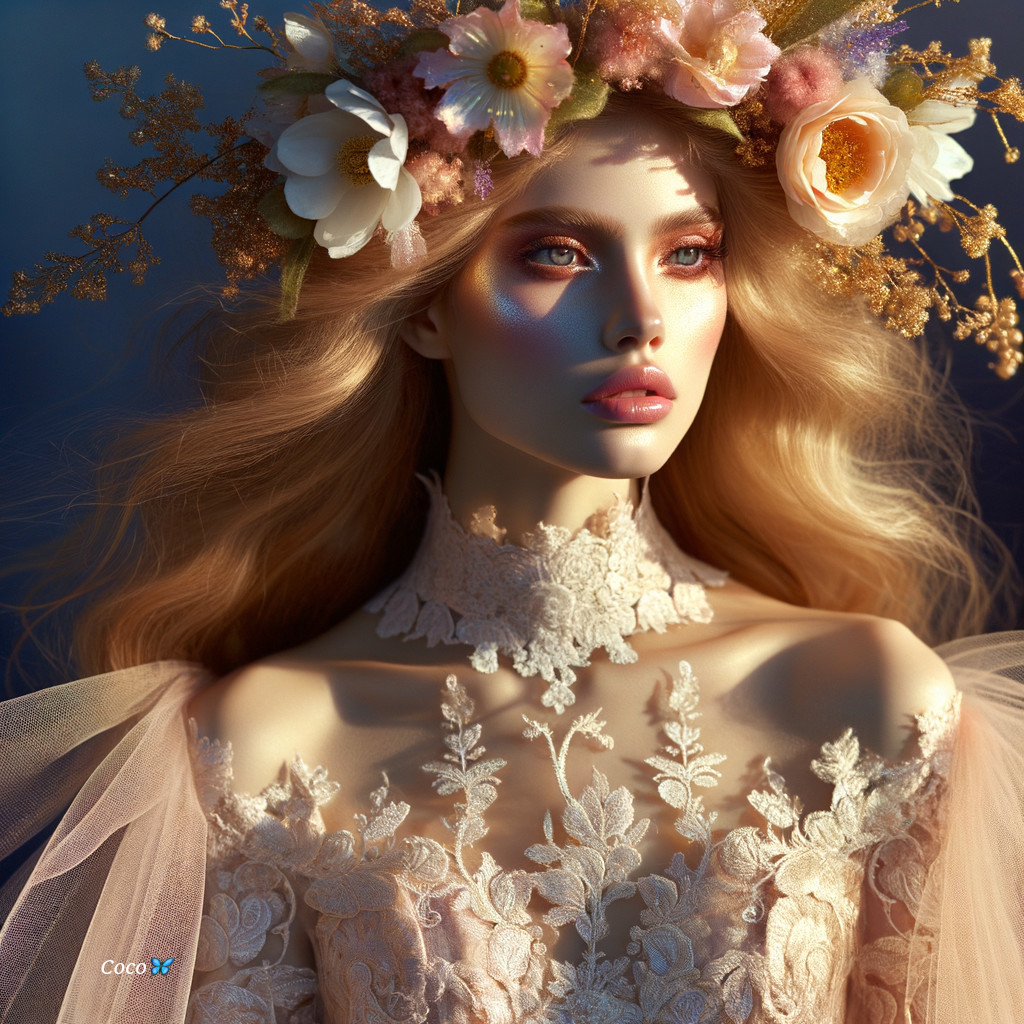 Close-Up Portrait of Model with Floral Crown and Gown