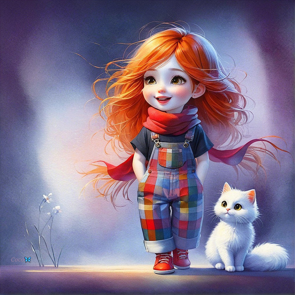 Cheerful girl with red hair and fluffy white cat