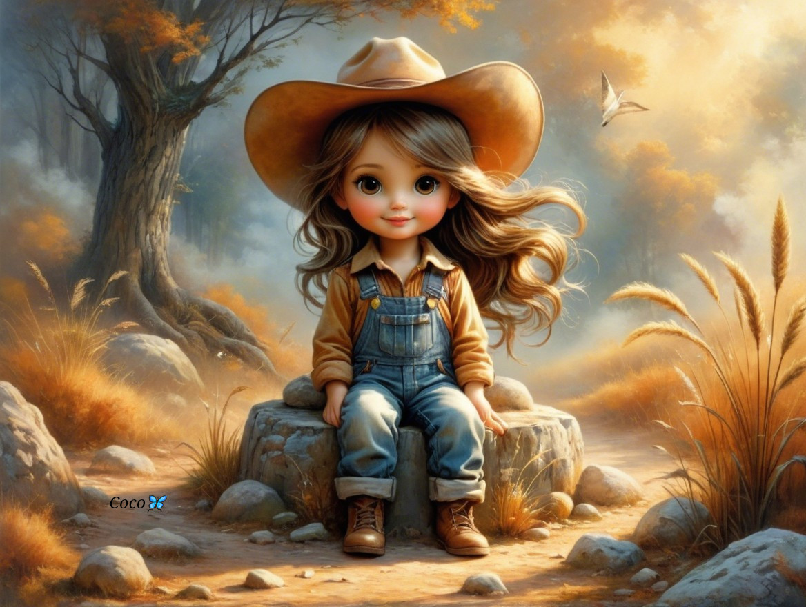 Cheerful Girl in Cowboy Hat in Autumn Landscape