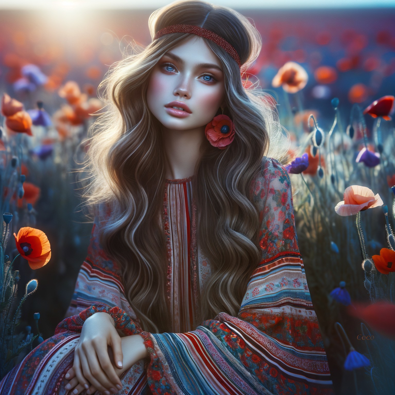 Young Woman in Colorful Dress in Poppy Field