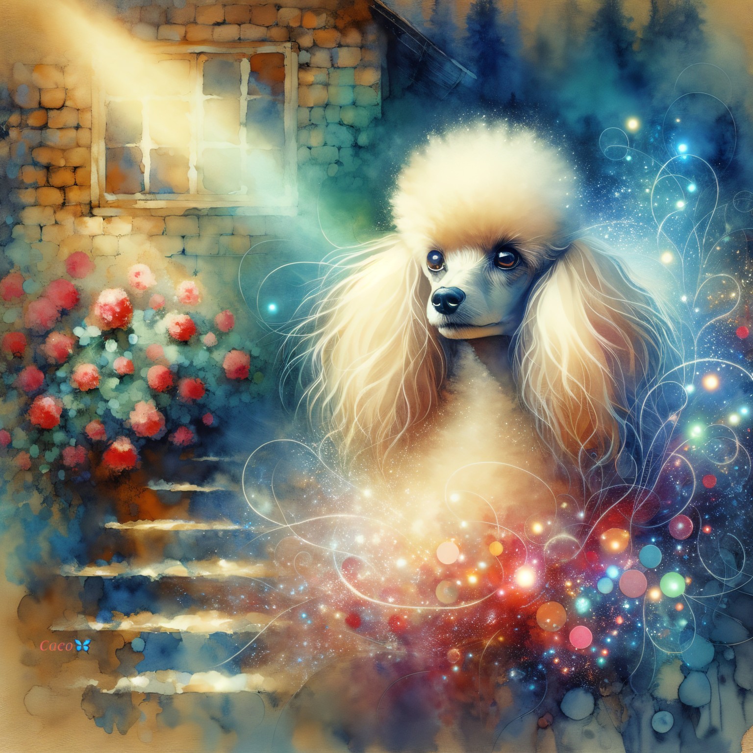 Whimsical Illustration of a Poodle in a Dreamy Scene
