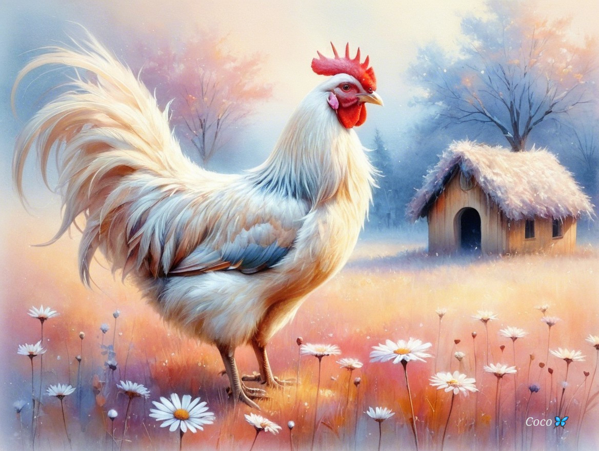 White Rooster in Meadow with Cottage and Autumn Trees