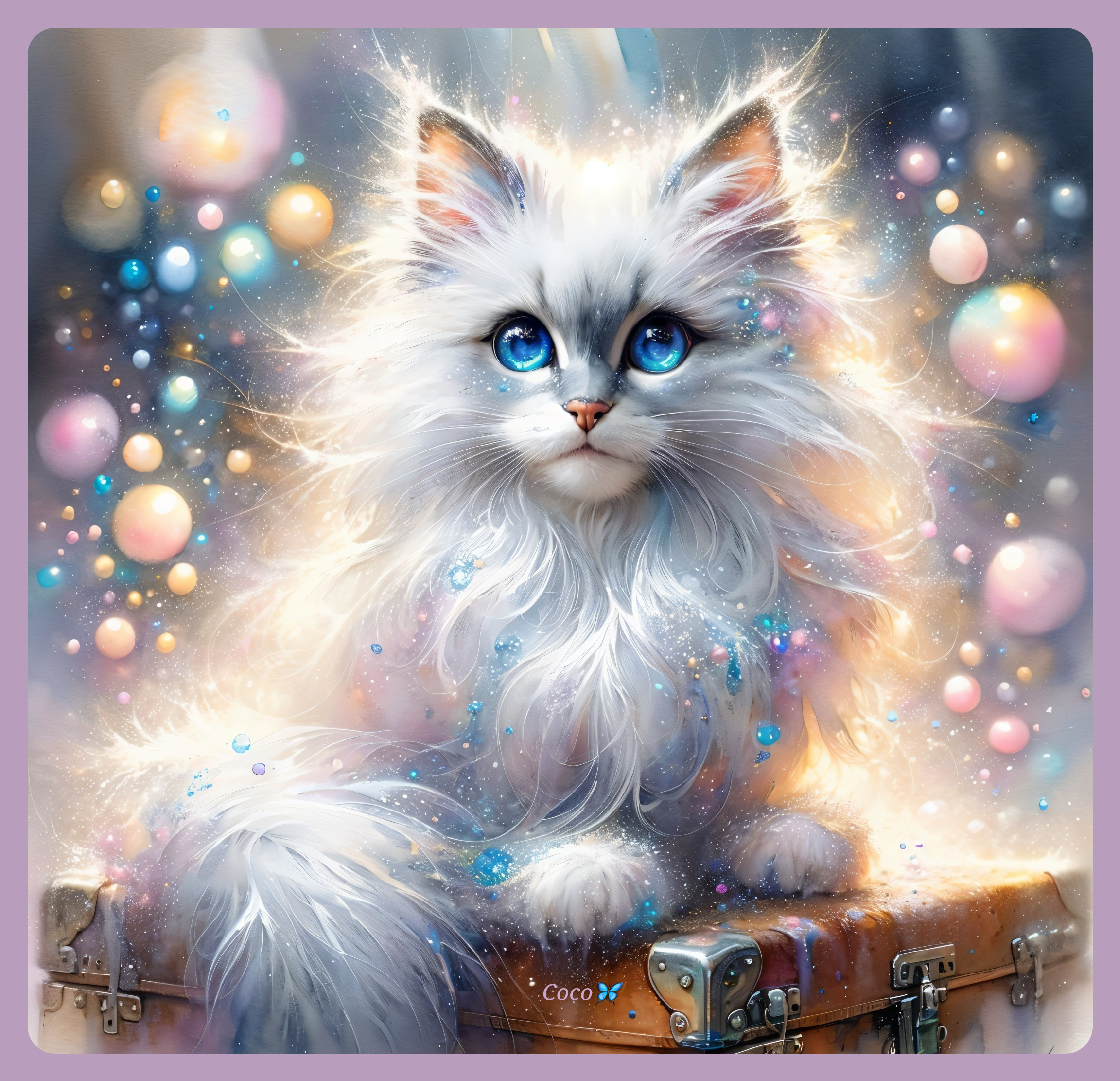 Fluffy White Cat with Blue Eyes on Vintage Trunk
