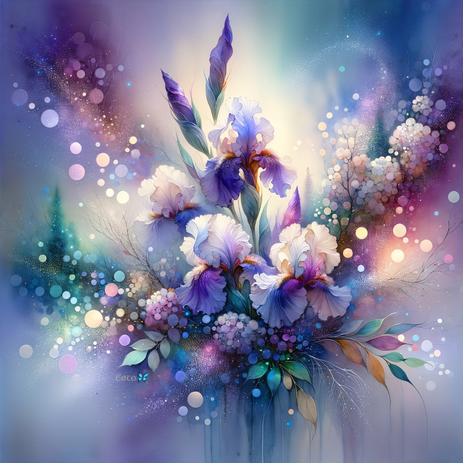 Vibrant Iris Bouquet with Abstract Colorful Background