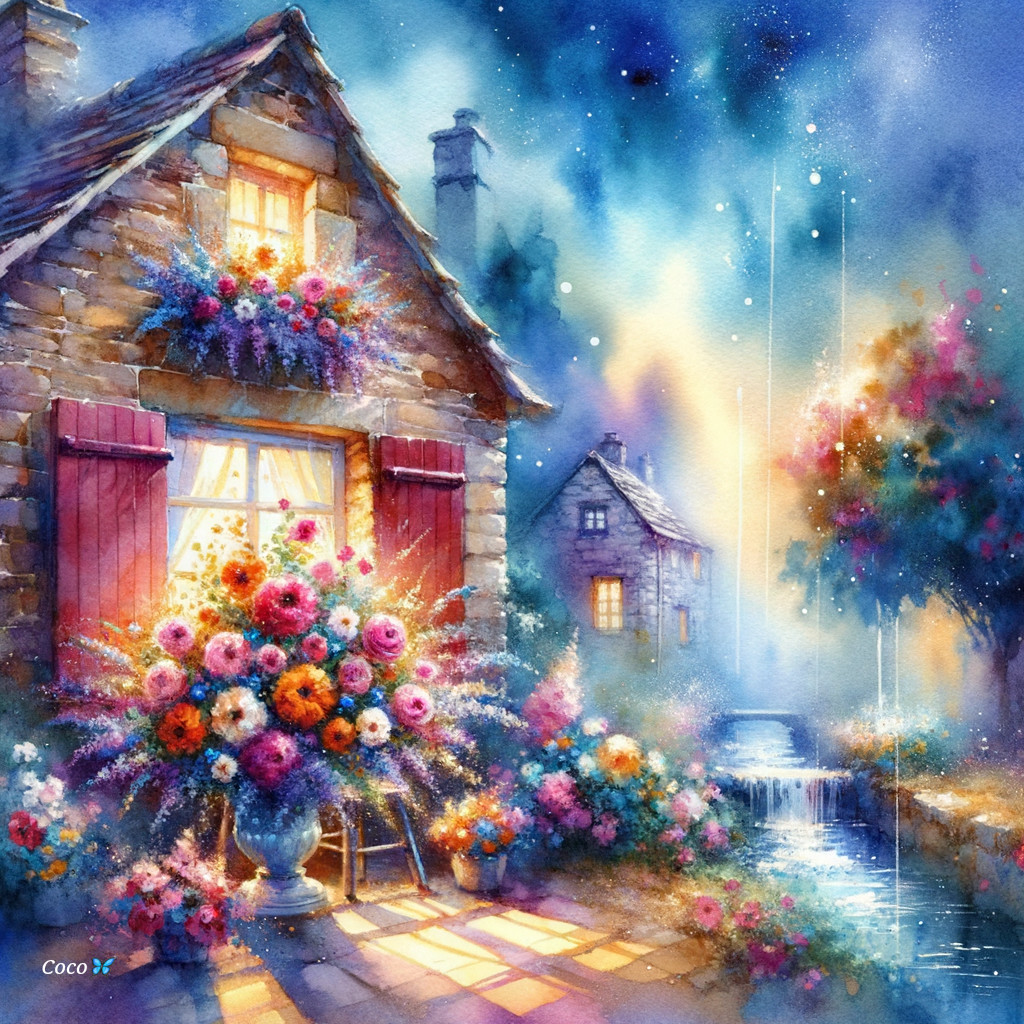 Charming Moonlit Cottage with Colorful Flowers