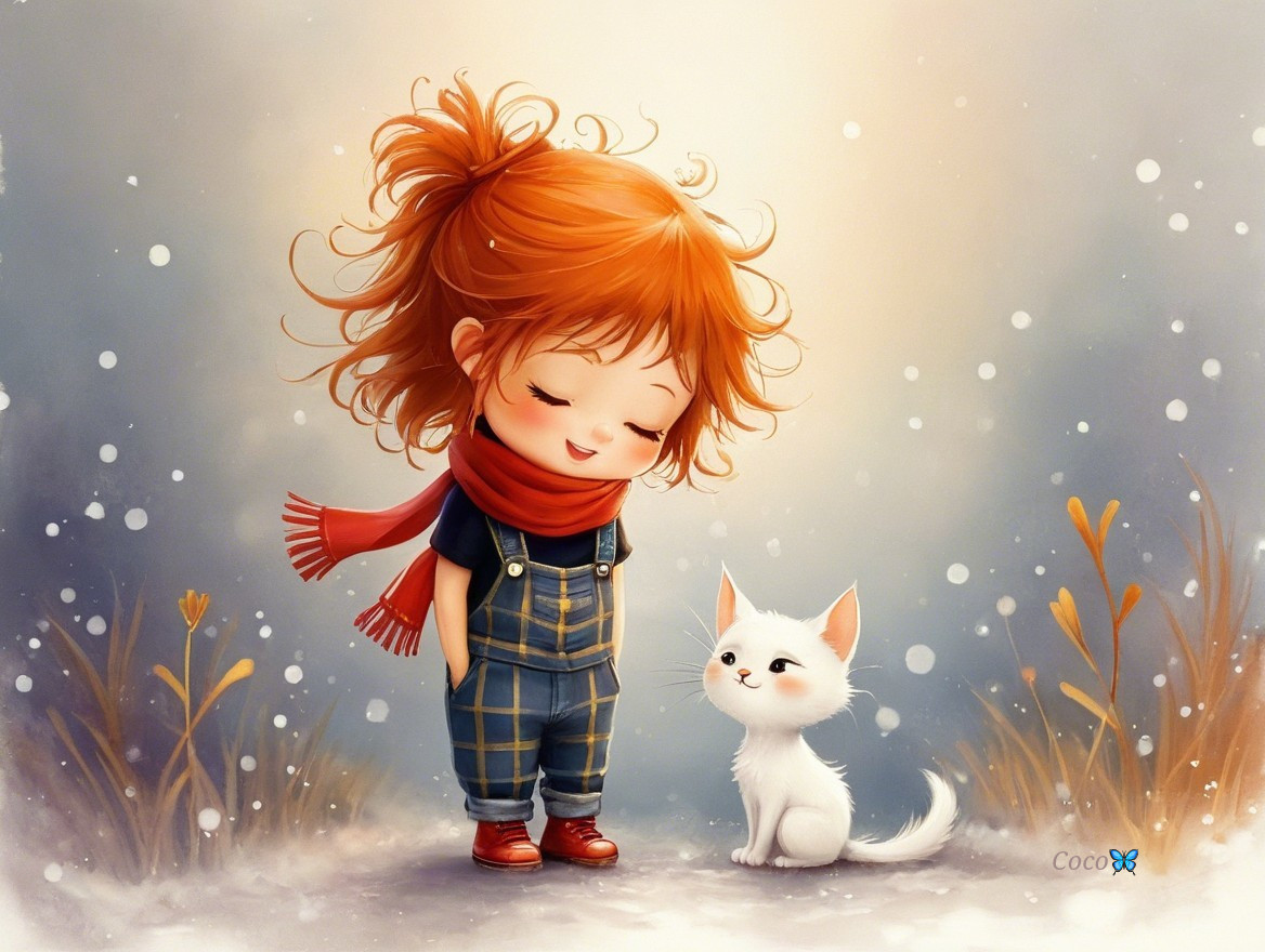 Joyful girl with red hair and cat in snowy setting
