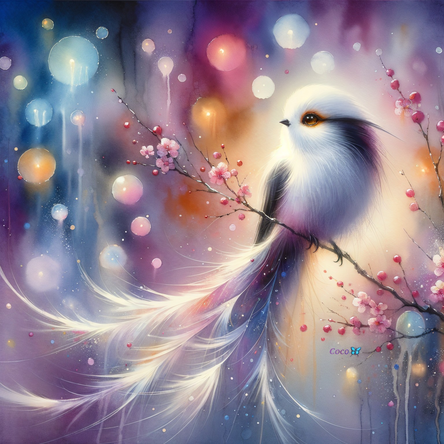 Ethereal Bird on Blossoming Branch with Colorful Lights