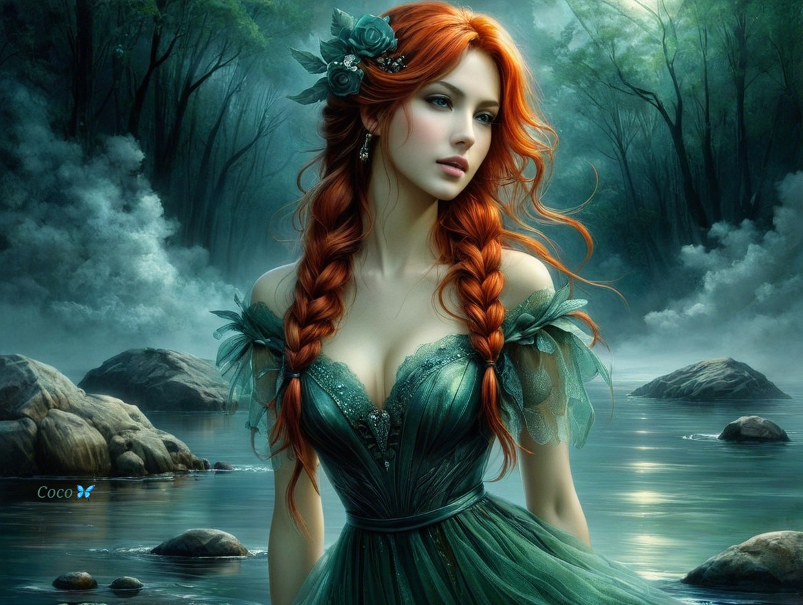 Fantasy Scene of a Young Woman in a Green Gown