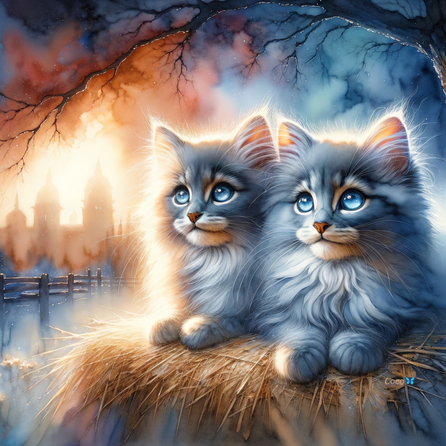Twilight Scene with Gray Kittens on Haystack