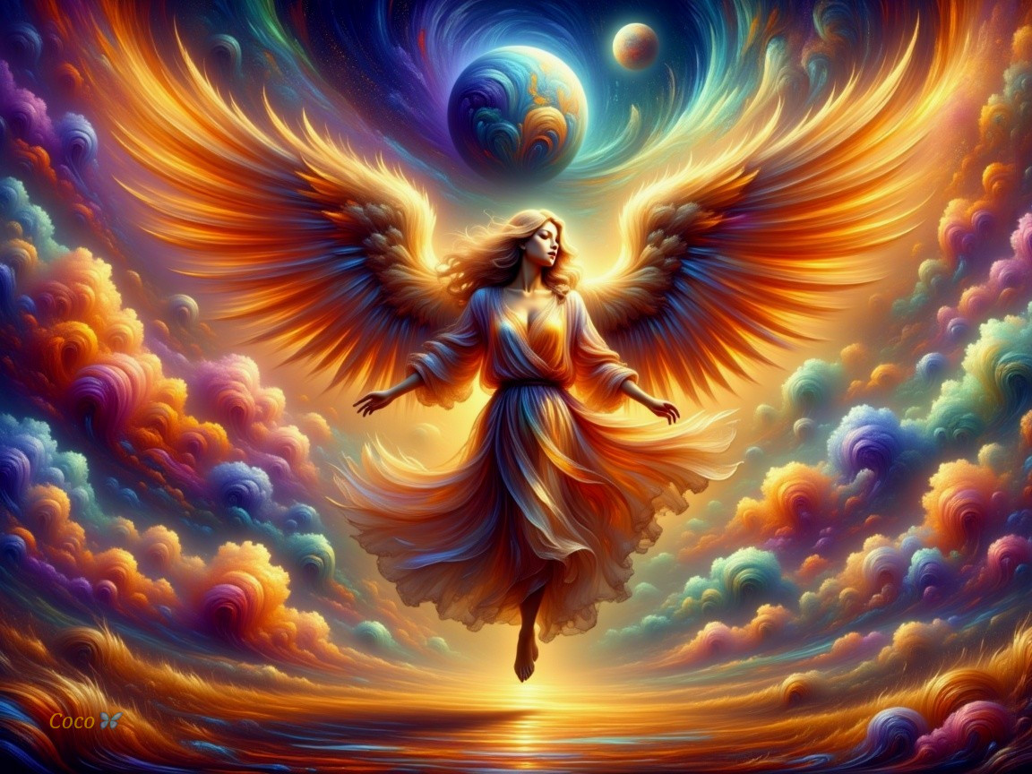 Majestic angel with fiery wings in pastel clouds