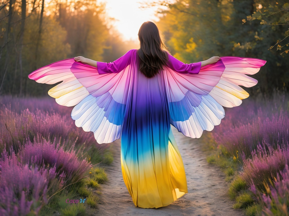 Woman in Colorful Gown Amidst Lavender Fields