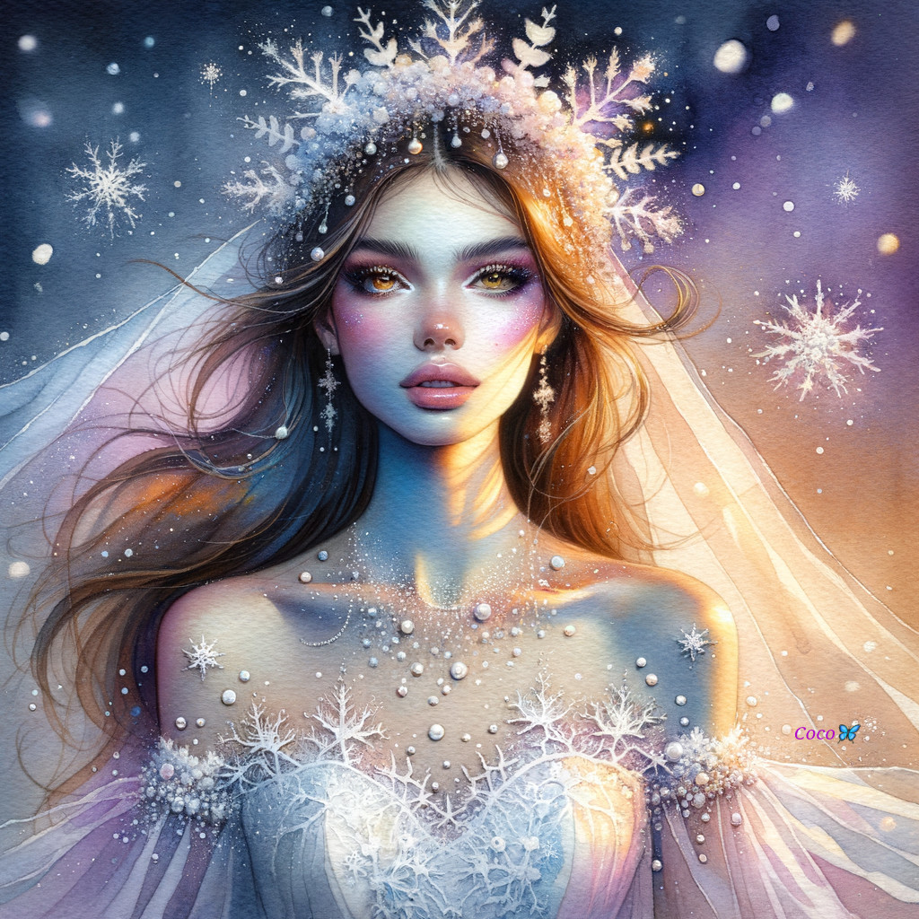 Winter-themed portrait of a woman in a white gown