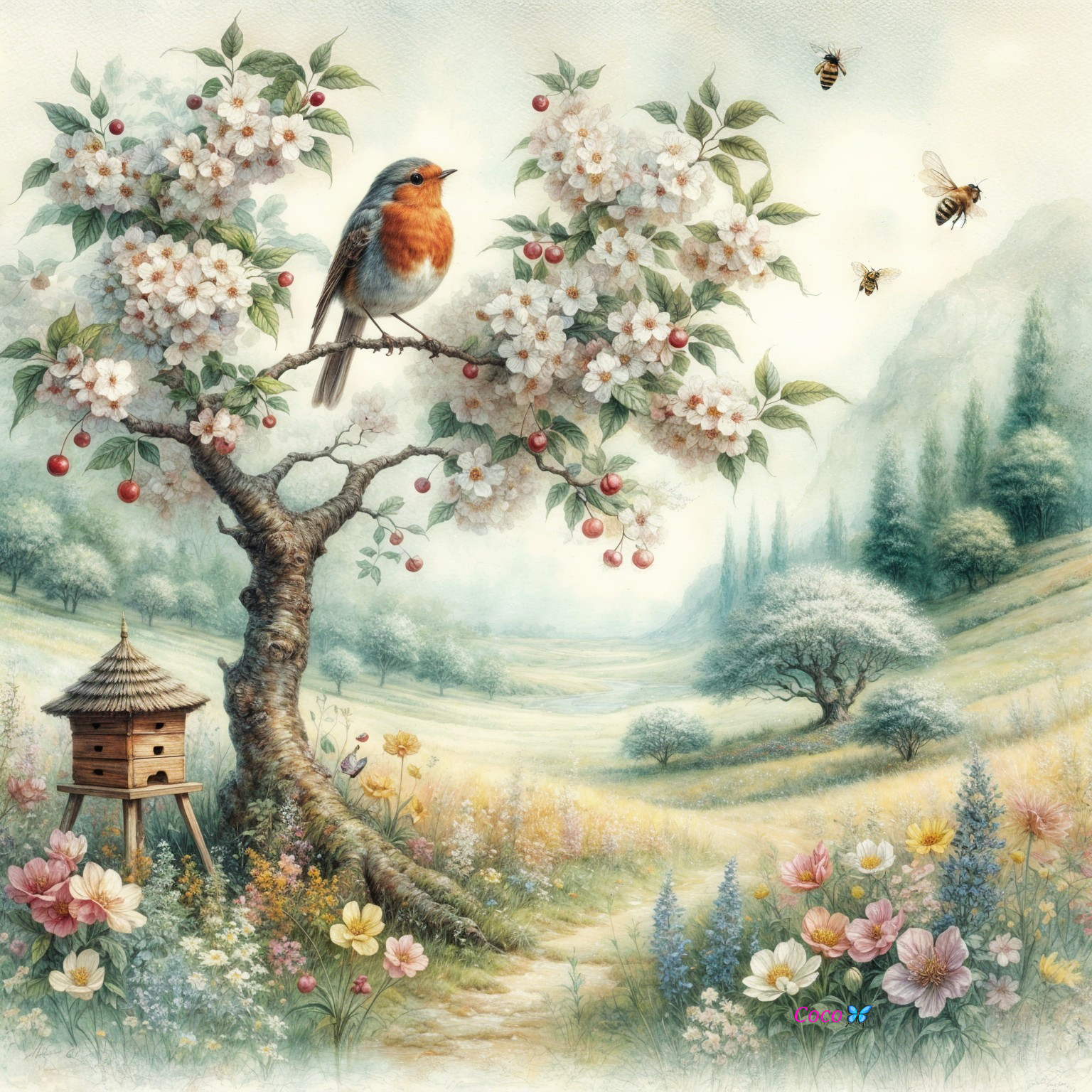 Blossoming Tree and Colorful Bird in Serene Landscape